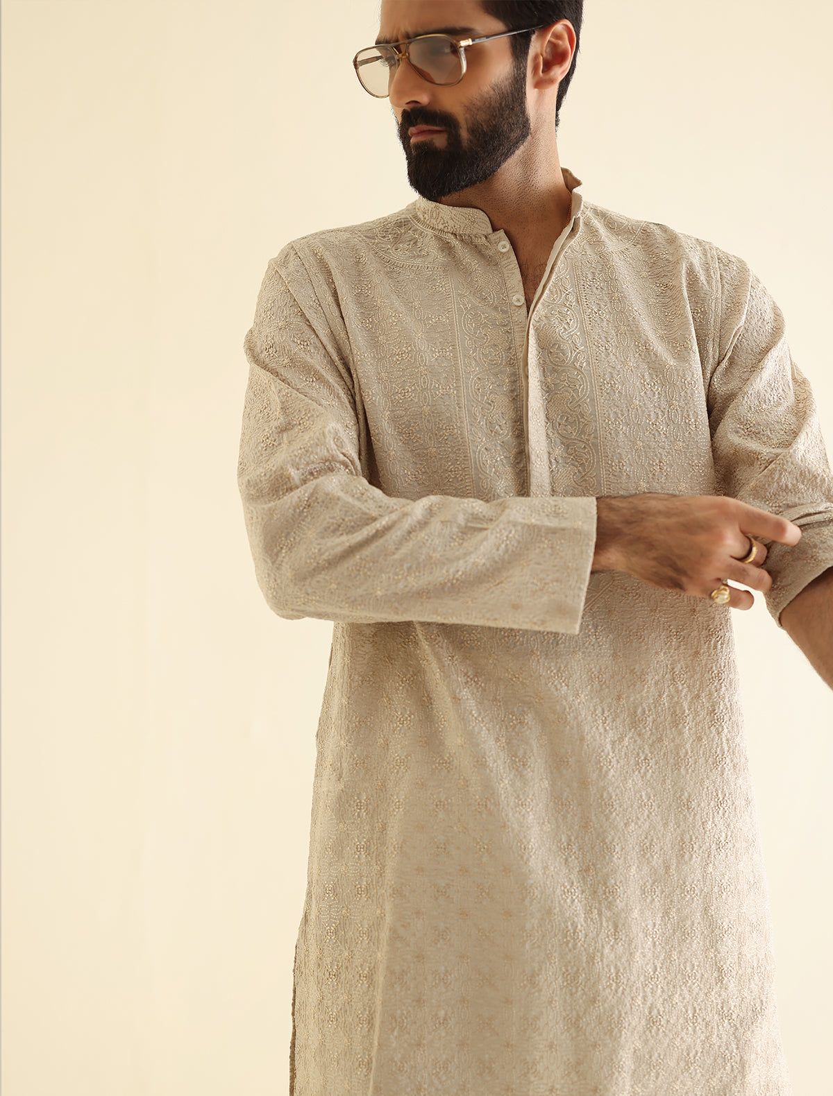 Pakistani Menswear | Ismail Farid - BEIGE HEAVY EMBROIDERED KURTA - Official Sakeena London Ltd. stockist in UK - Sakeena London