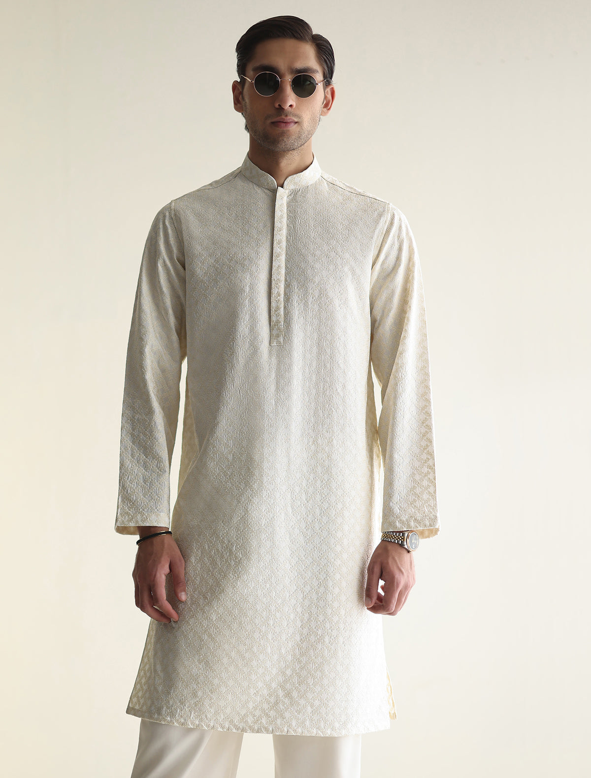 Pakistani Menswear | Ismail Farid - OFF-WHITE EMBROIDERED KURTA - Official Sakeena London Ltd. stockist in UK - Sakeena London