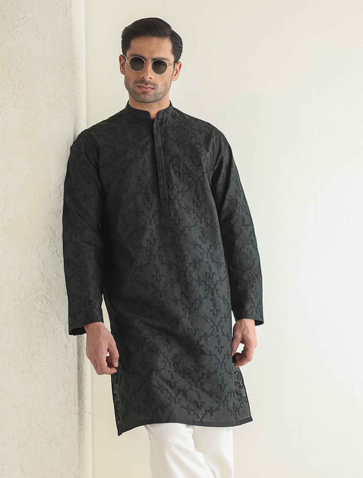 Pakistani Menswear | Ismail Farid - BLACK EMBROIDERED KURTA - Official Sakeena London Ltd. stockist in UK - Sakeena London