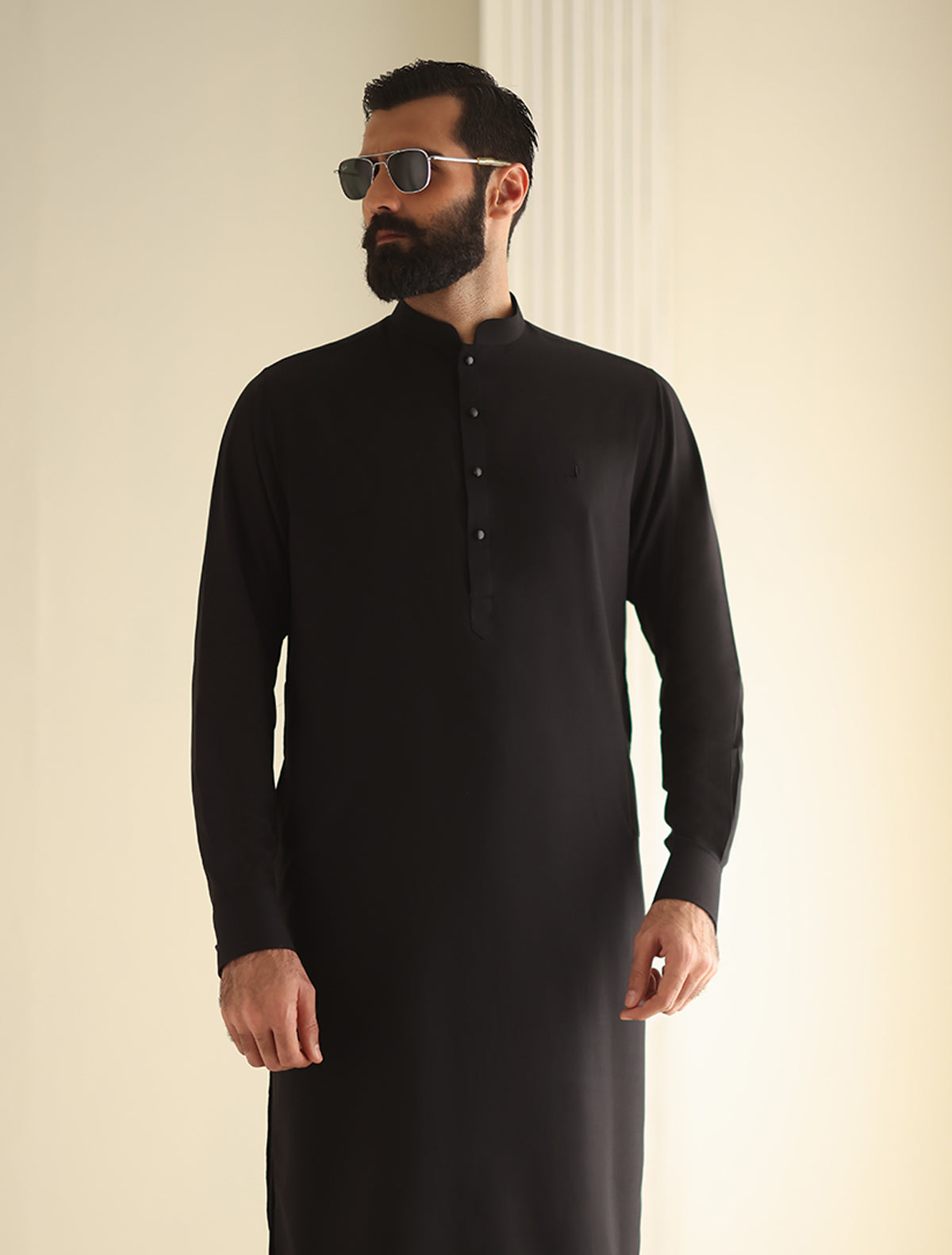 Pakistani Menswear | Ismail Farid - BLACK MANDARIN COLLAR KAMEEZ SHALWAR - Official Sakeena London Ltd. stockist in UK - Sakeena London