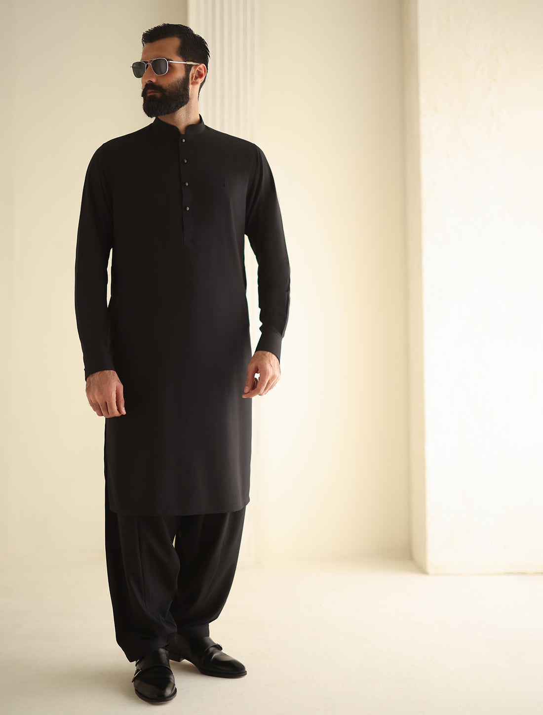Pakistani Menswear | Ismail Farid - BLACK MANDARIN COLLAR KAMEEZ SHALWAR - Official Sakeena London Ltd. stockist in UK - Sakeena London