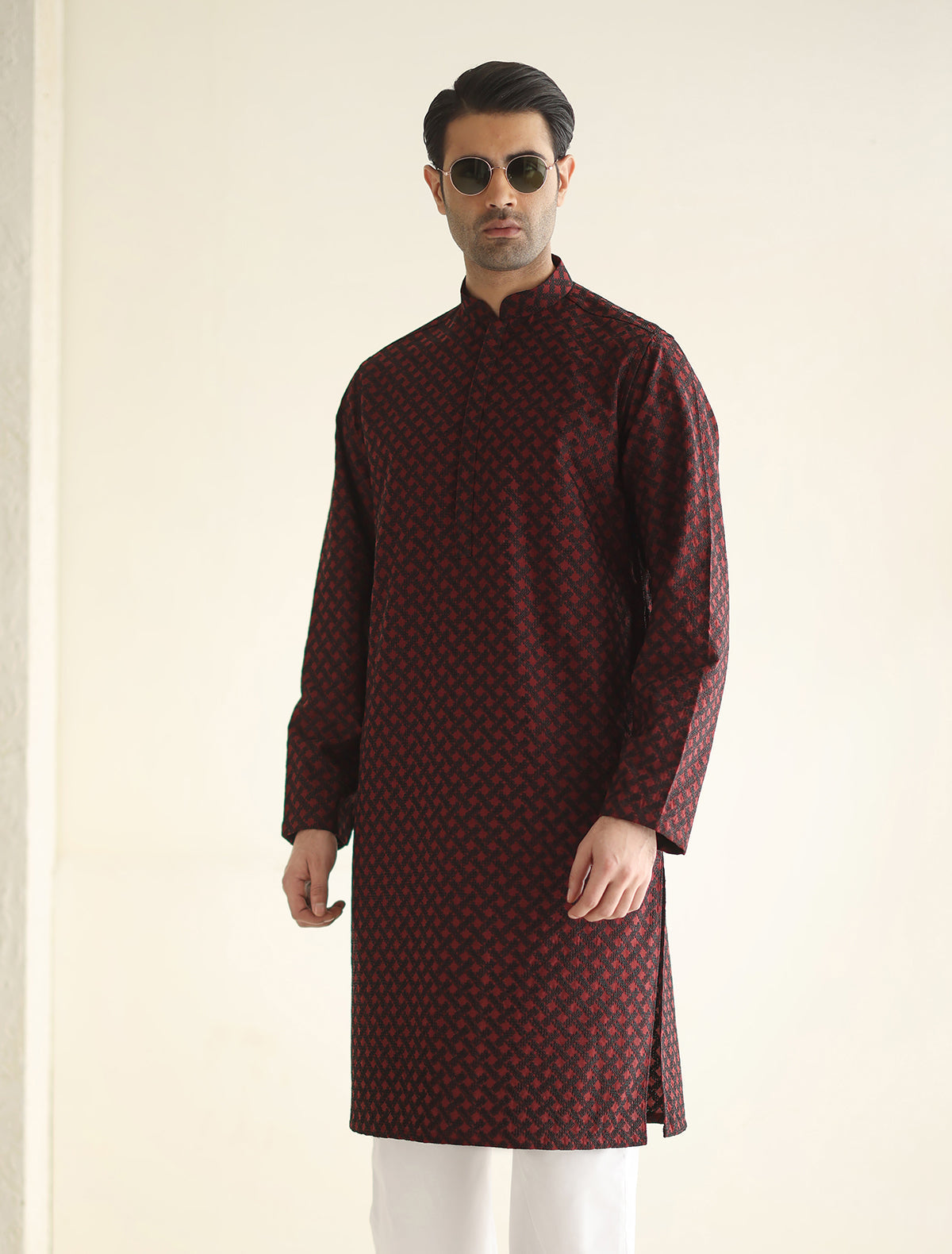 Pakistani Menswear | Ismail Farid - MAROON MESH EMBROIDERED KURTA - Official Sakeena London Ltd. stockist in UK - Sakeena London