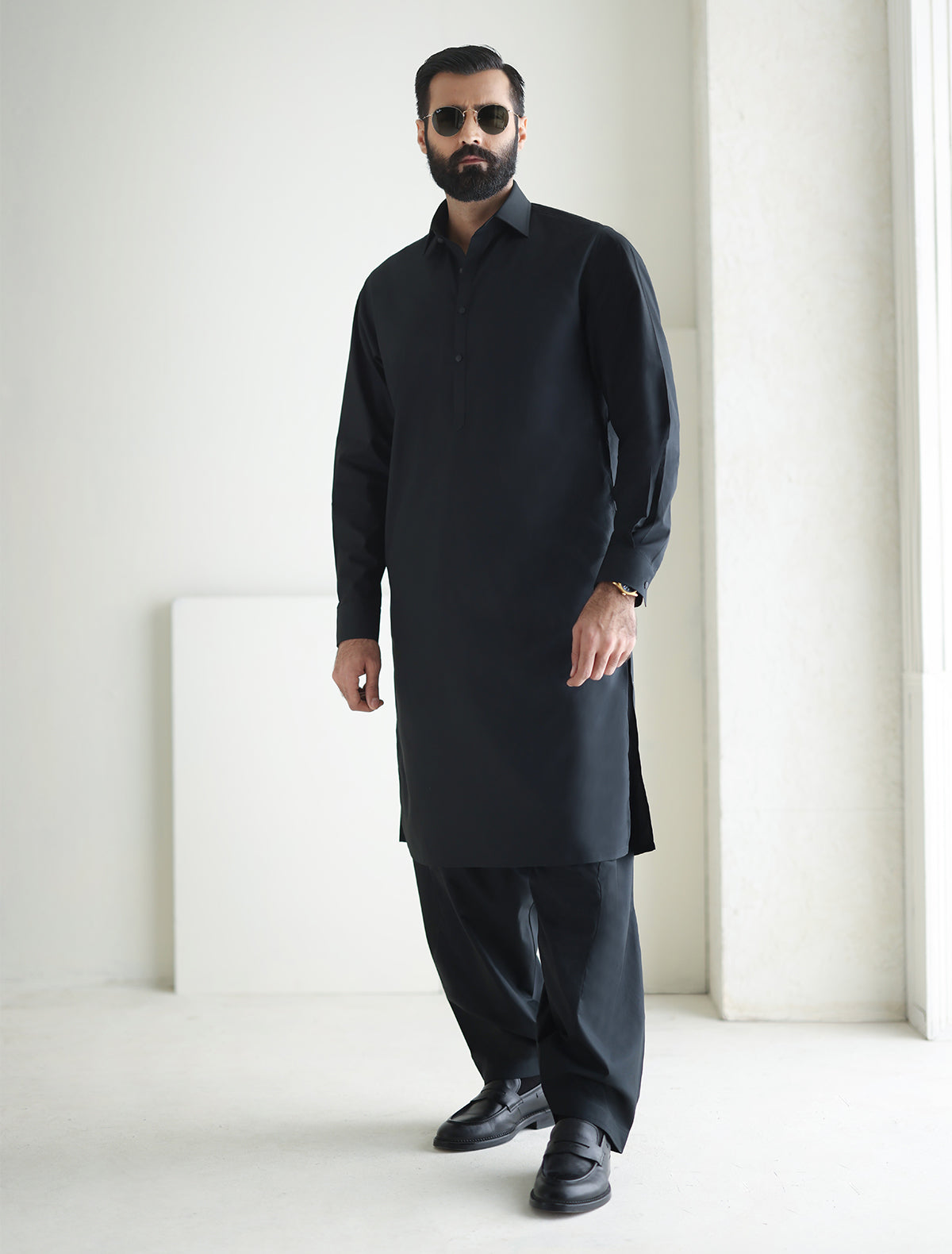 Pakistani Menswear | Ismail Farid - BLACK KAMEEZ SHALWAR - Official Sakeena London Ltd. stockist in UK - Sakeena London