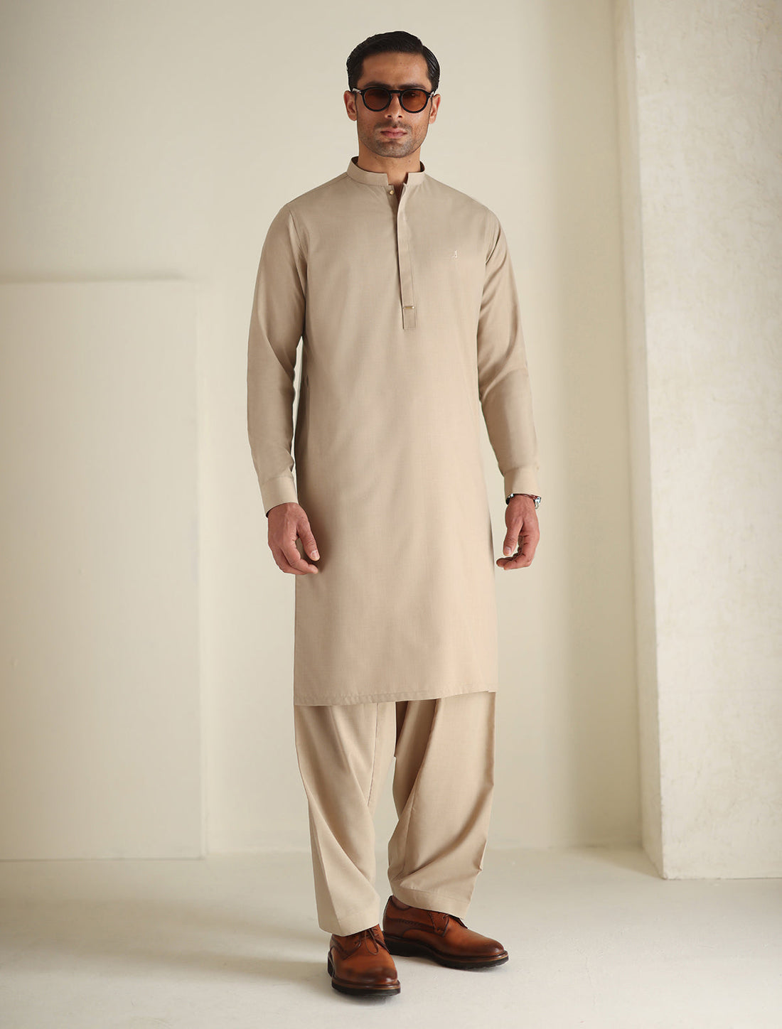 Pakistani Menswear | Ismail Farid - BEIGE LOGO-EMBROIDERED KAMEEZ SHALWAR - Official Sakeena London Ltd. stockist in UK - Sakeena London