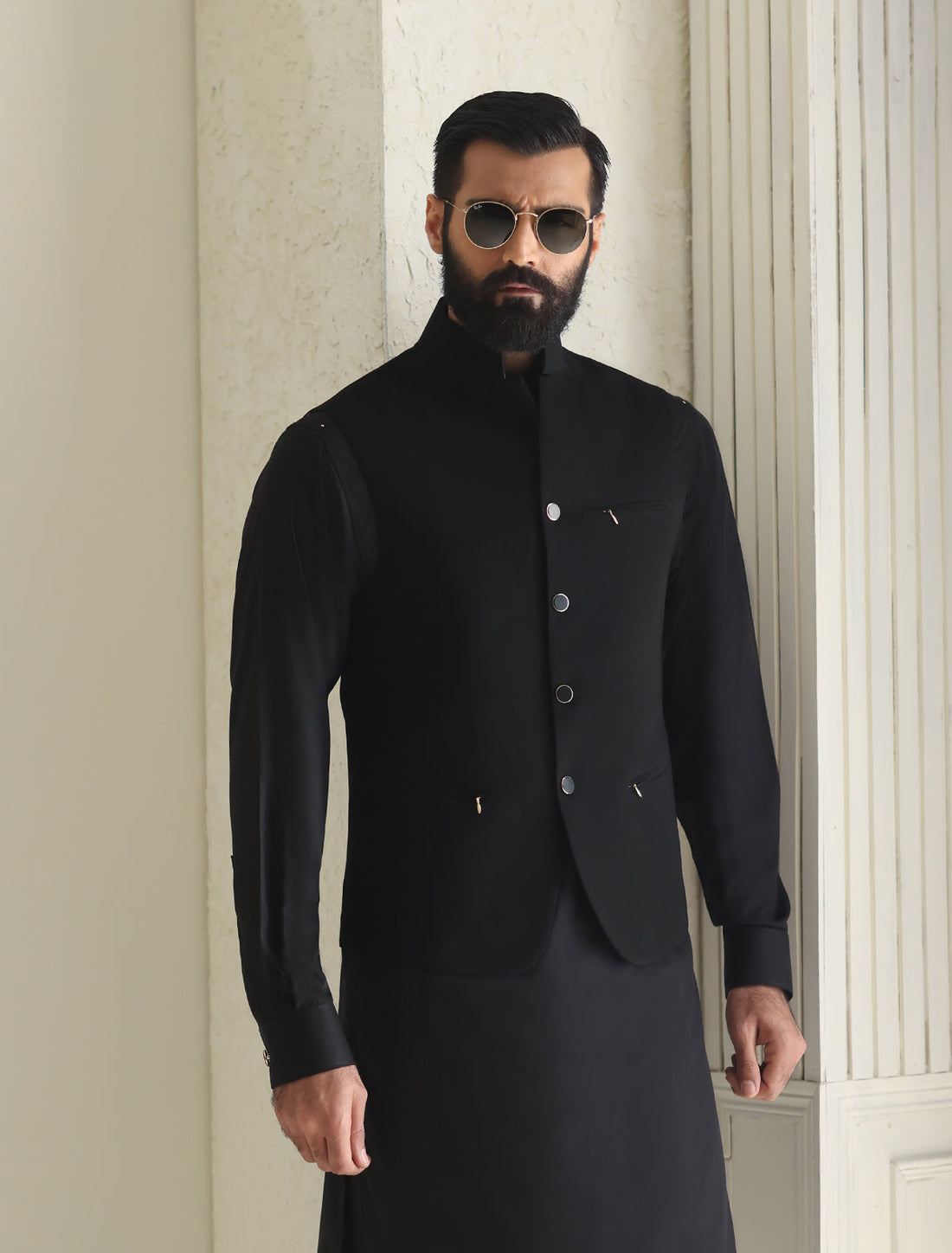 Pakistani Menswear | Ismail Farid - BLACK SLIM FIT WAISTCOAT - Official Sakeena London Ltd. stockist in UK - Sakeena London