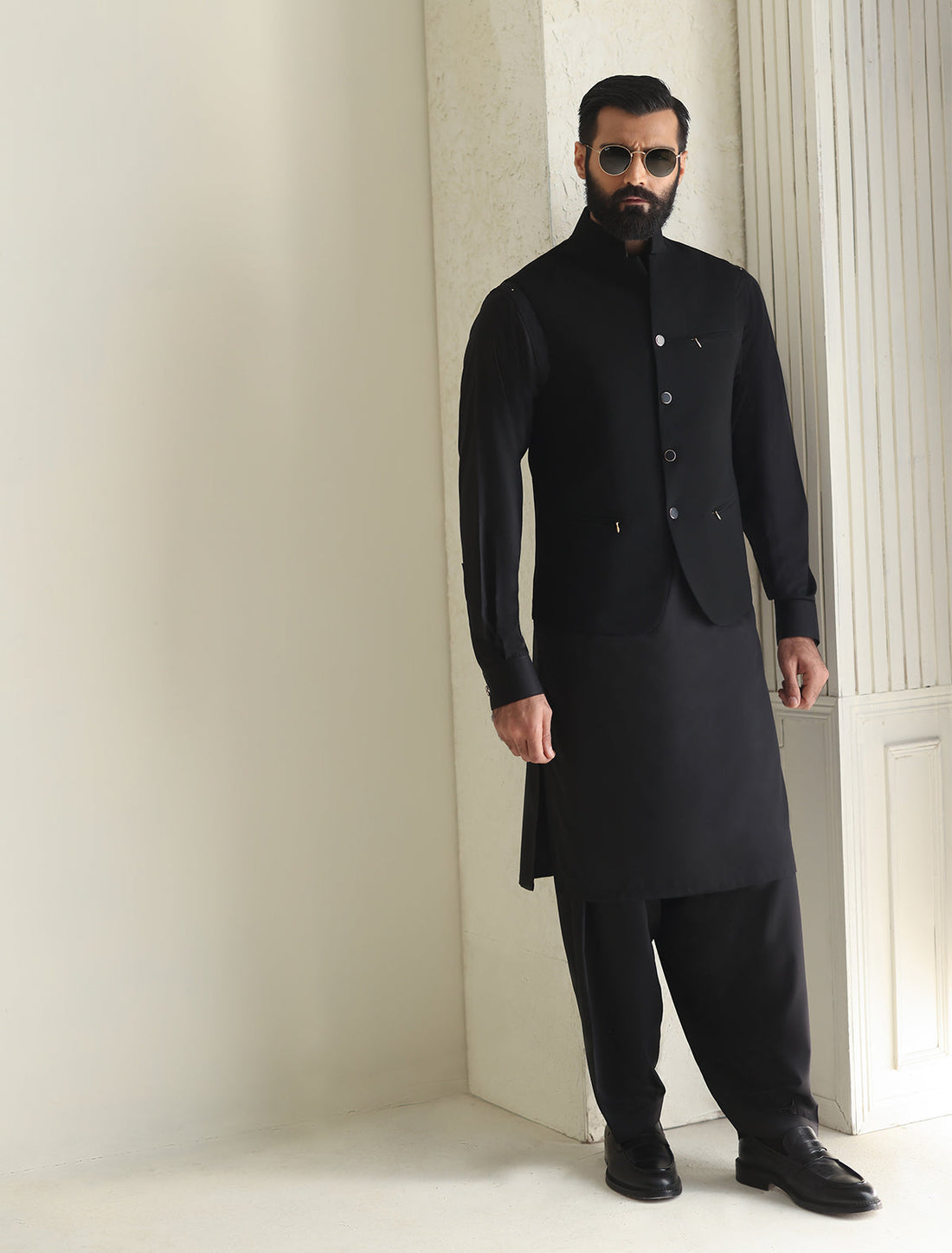 Pakistani Menswear | Ismail Farid - BLACK SLIM FIT WAISTCOAT - Official Sakeena London Ltd. stockist in UK - Sakeena London