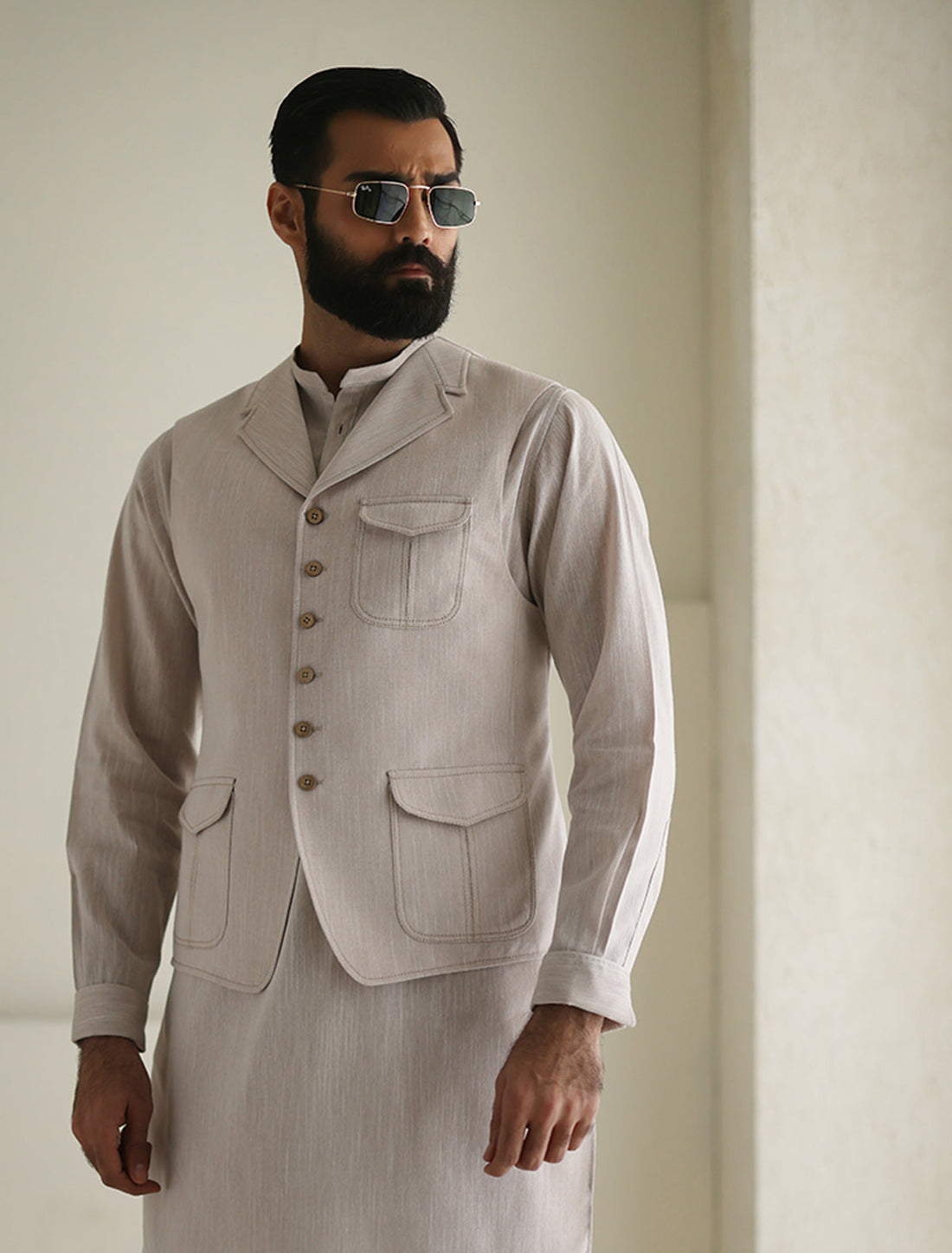 Pakistani Menswear | Ismail Farid - LIGHT BEIGE WAISTCOAT - Official Sakeena London Ltd. stockist in UK - Sakeena London