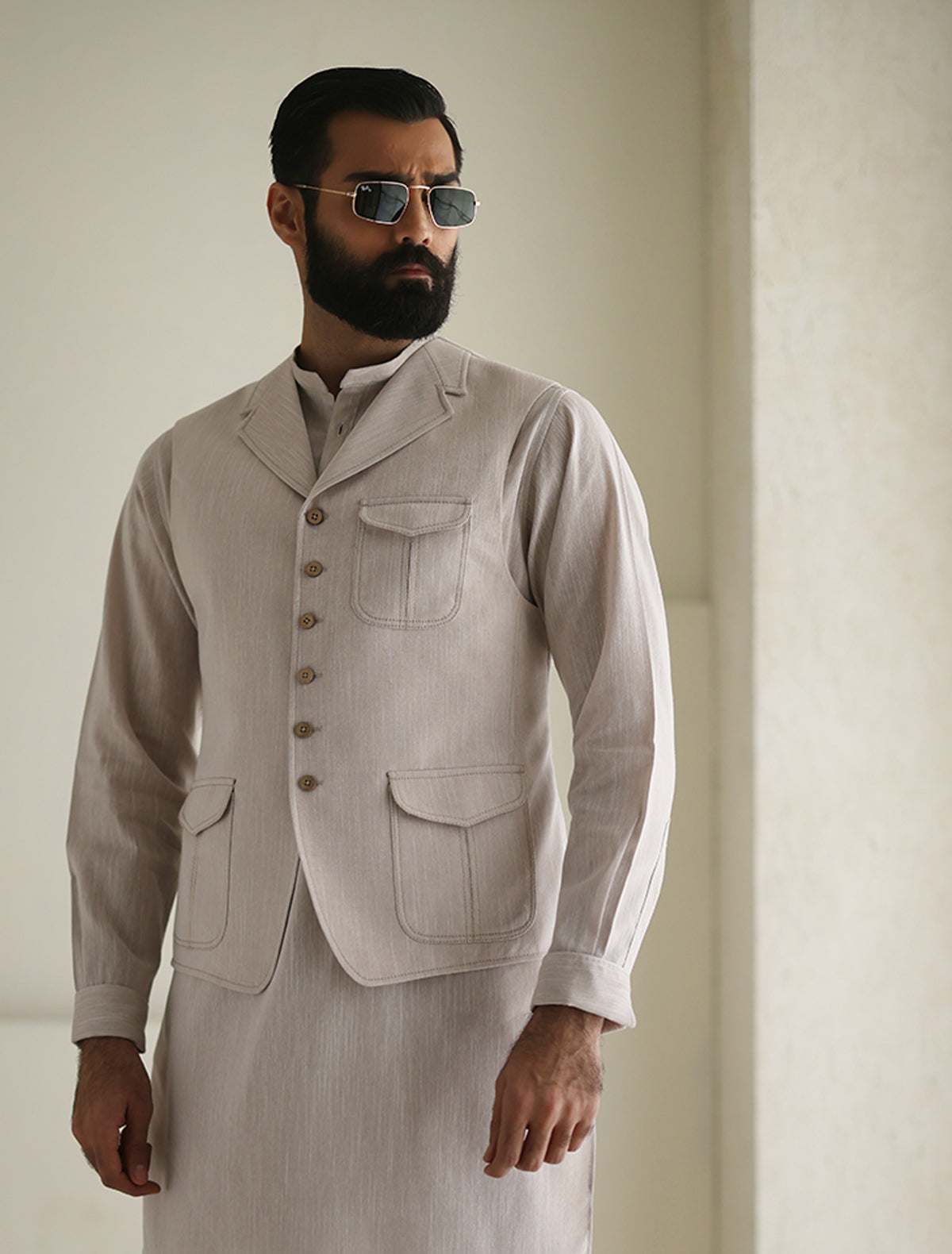 Pakistani Menswear | Ismail Farid - LIGHT BEIGE WAISTCOAT - Official Sakeena London Ltd. stockist in UK - Sakeena London