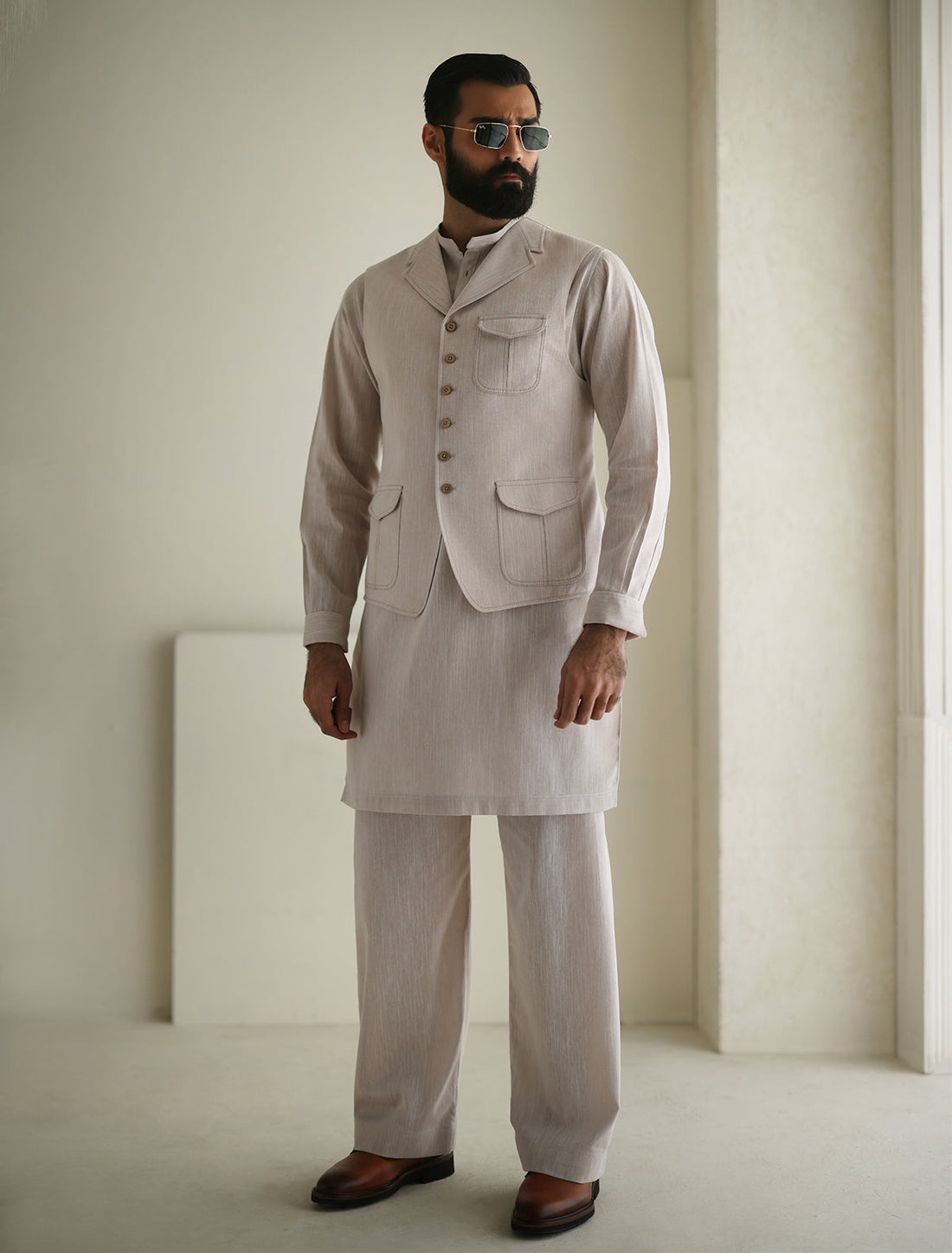 Pakistani Menswear | Ismail Farid - LIGHT BEIGE WAISTCOAT - Official Sakeena London Ltd. stockist in UK - Sakeena London