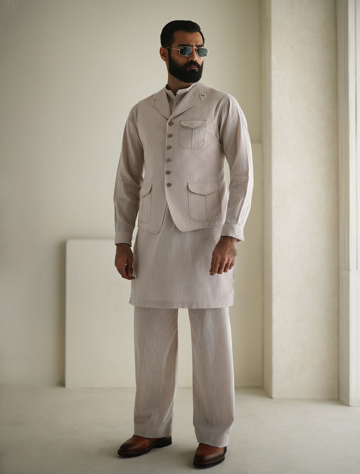Pakistani Menswear | Ismail Farid - LIGHT BEIGE WAISTCOAT - Official Sakeena London Ltd. stockist in UK - Sakeena London