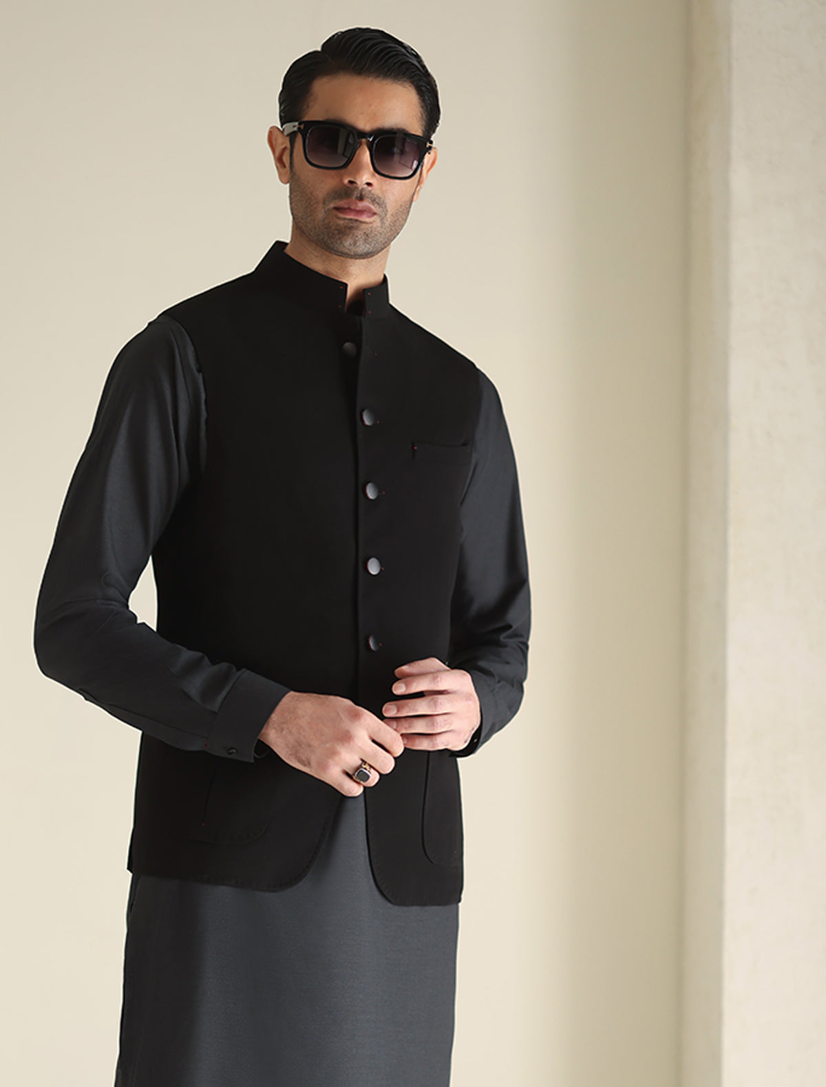 Pakistani Menswear | Ismail Farid - THE VERY DARK BLACK WAISTCOAT - Official Sakeena London Ltd. stockist in UK - Sakeena London