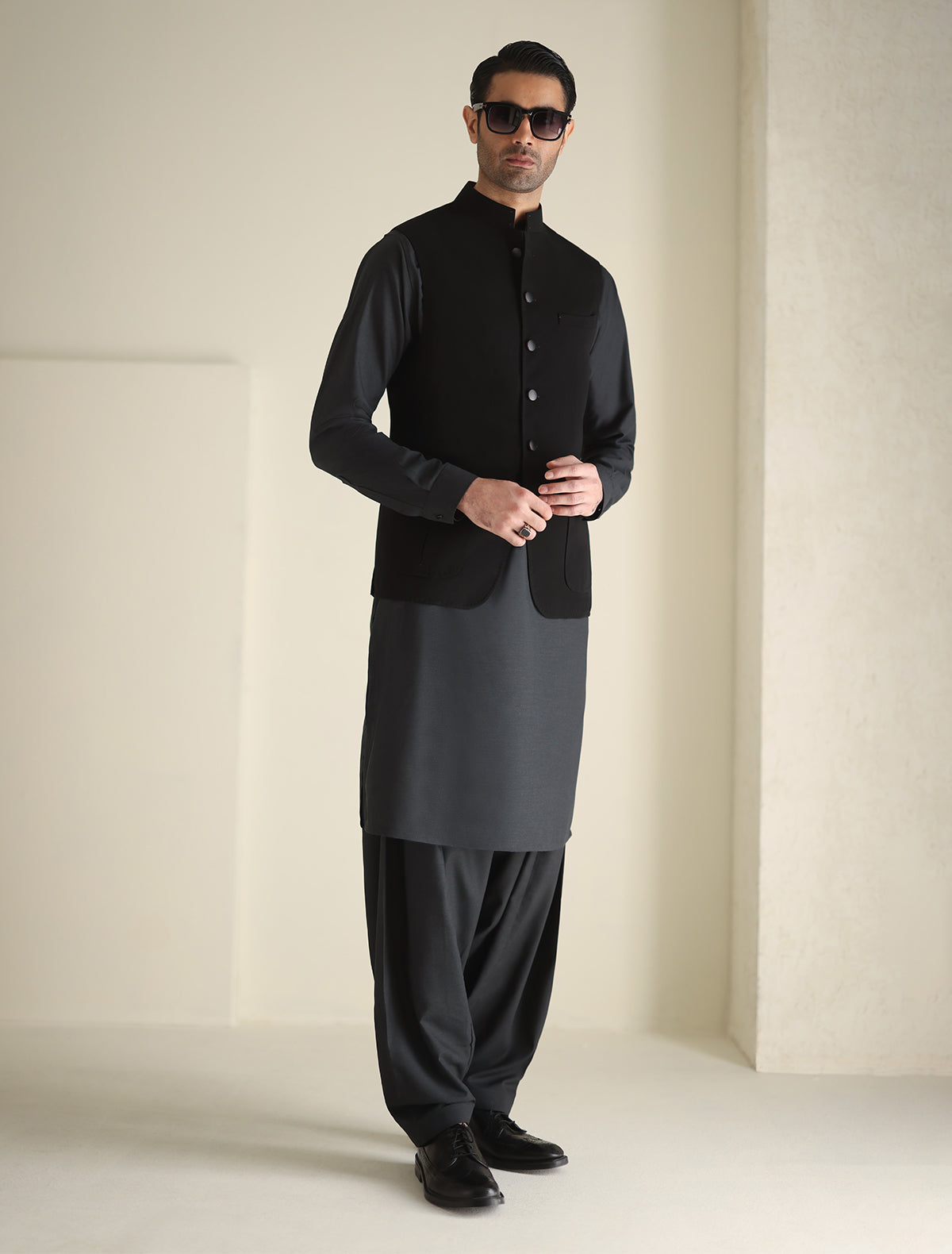 Pakistani Menswear | Ismail Farid - THE VERY DARK BLACK WAISTCOAT - Official Sakeena London Ltd. stockist in UK - Sakeena London