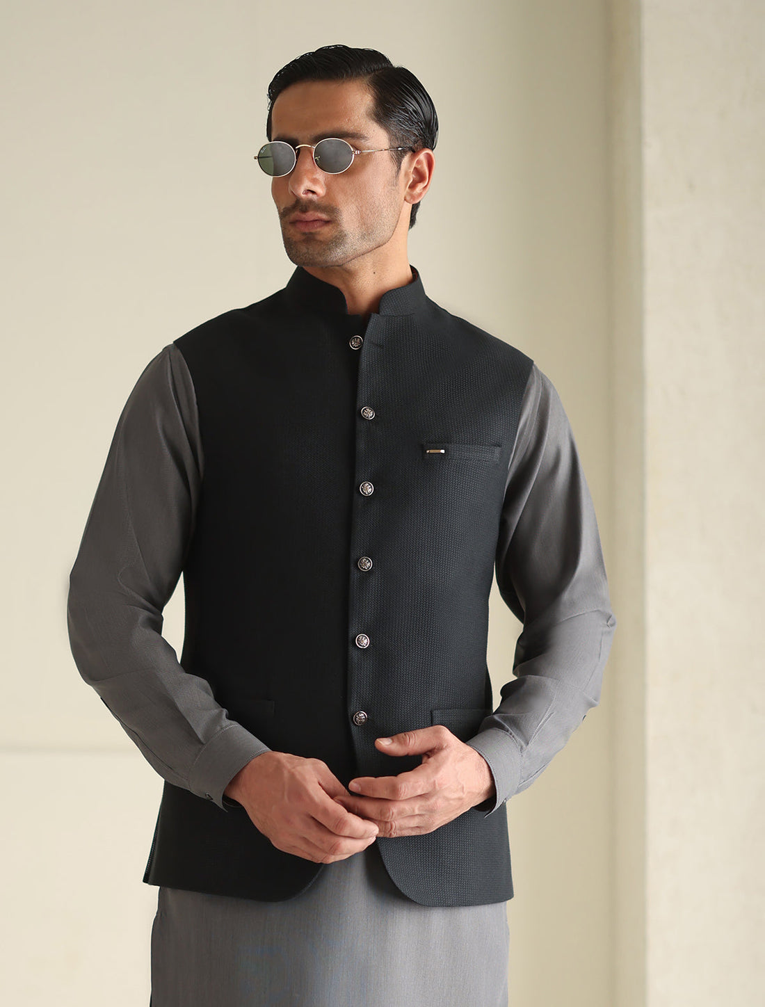 Pakistani Menswear | Ismail Farid - BLACK TEXTURED WAISTCOAT - Official Sakeena London Ltd. stockist in UK - Sakeena London