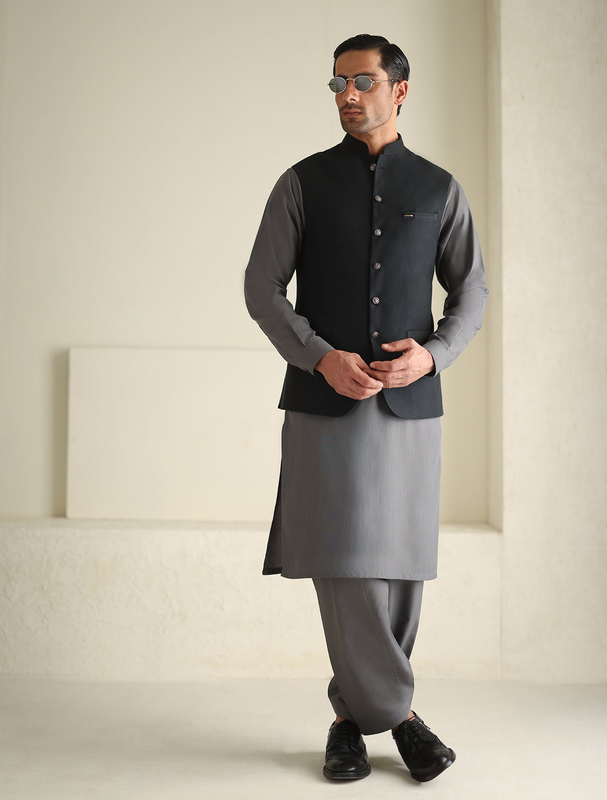 Pakistani Menswear | Ismail Farid - BLACK TEXTURED WAISTCOAT - Official Sakeena London Ltd. stockist in UK - Sakeena London