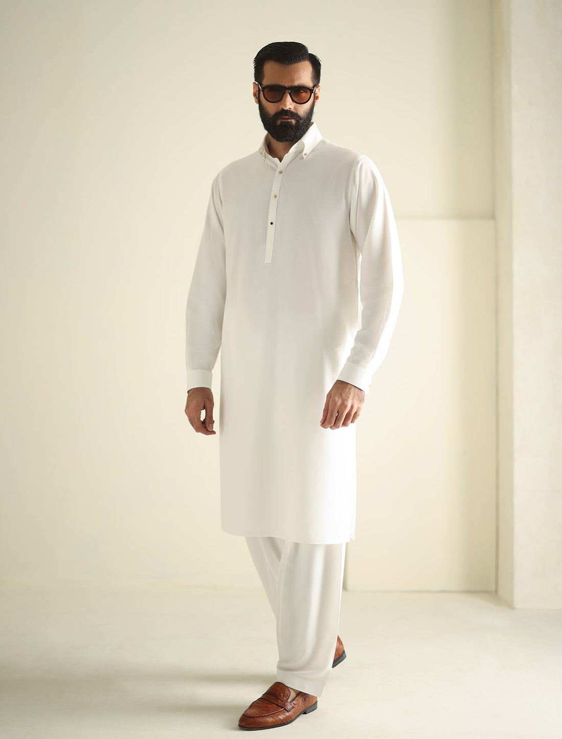Pakistani Menswear | Ismail Farid - OFF-WHITE BUTTON-DOWN KAMEEZ SHALWAR - Official Sakeena London Ltd. stockist in UK - Sakeena London