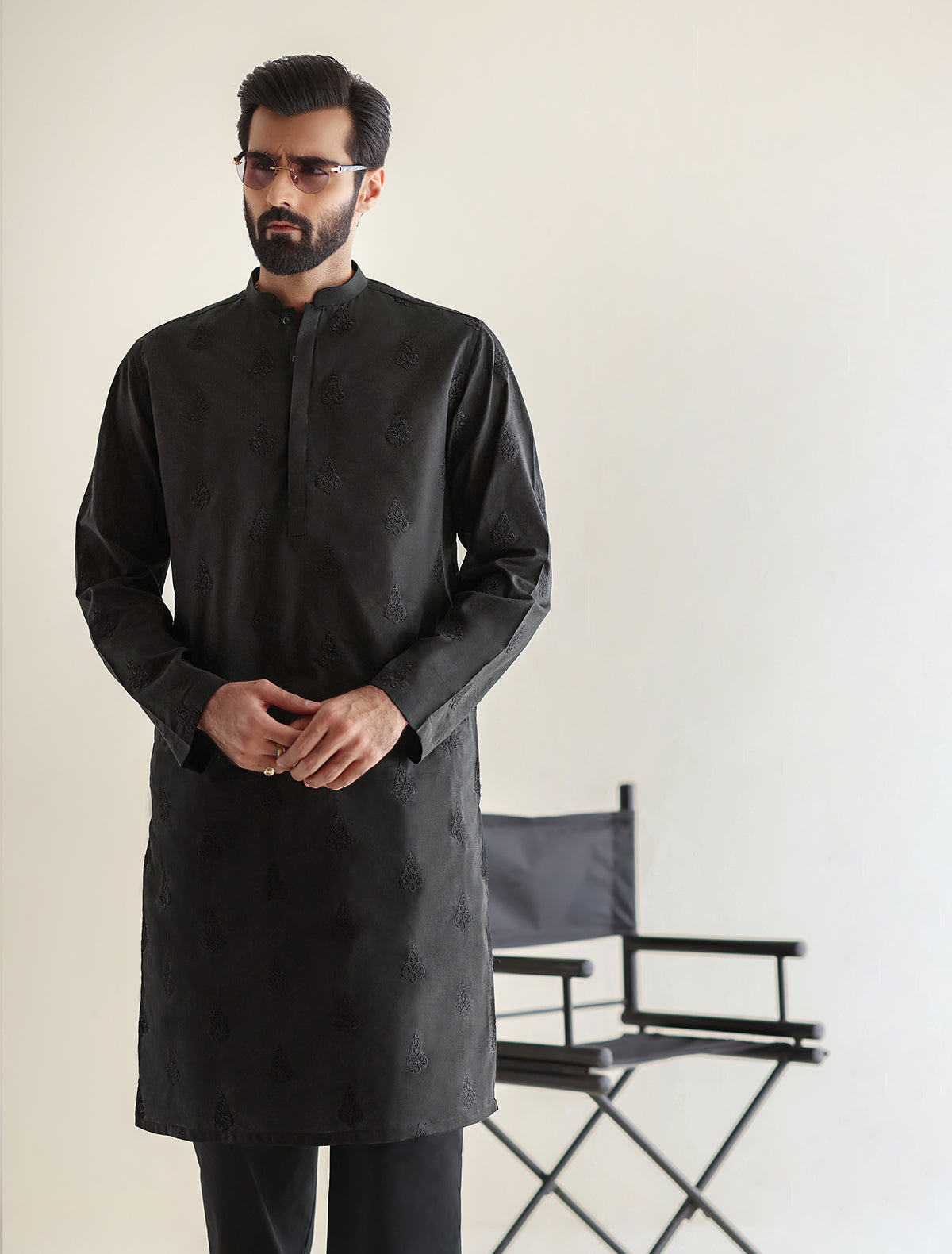 Pakistani Menswear | Ismail Farid - BLACK EMBROIDERED KURTA - Official Sakeena London Ltd. stockist in UK - Sakeena London