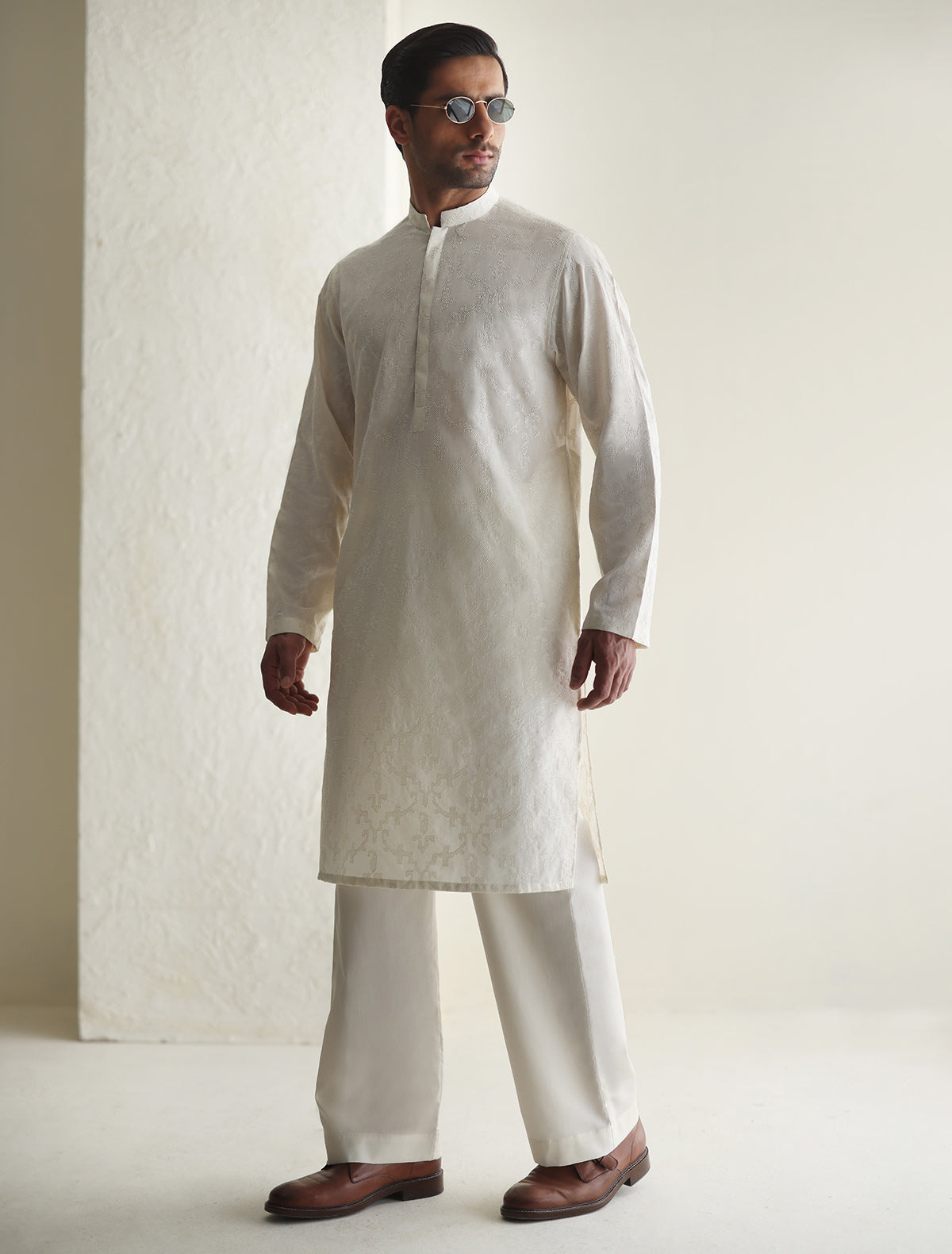 Pakistani Menswear | Ismail Farid - OFF-WHITE EMBROIDERED KURTA - Official Sakeena London Ltd. stockist in UK - Sakeena London
