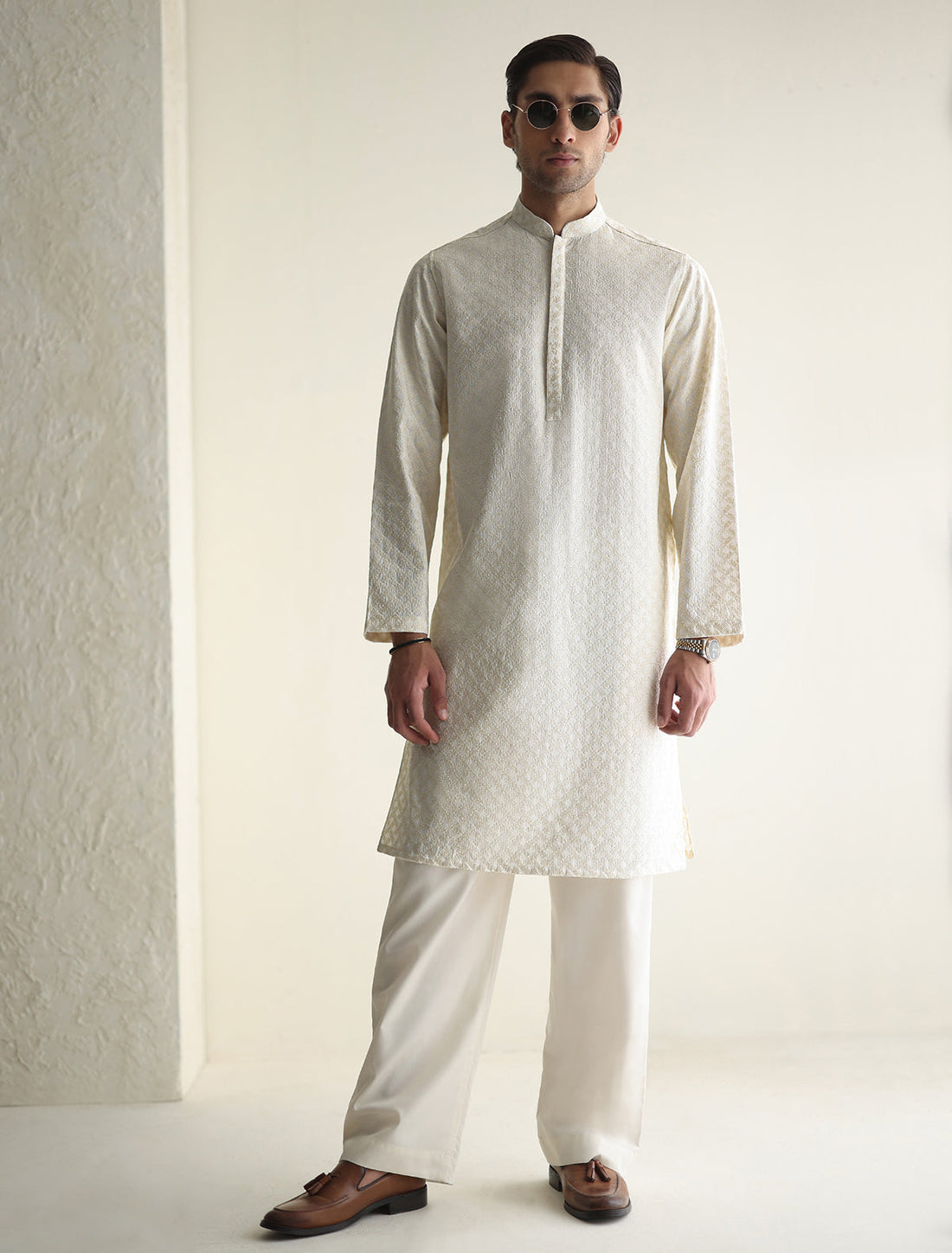 Pakistani Menswear | Ismail Farid - OFF-WHITE EMBROIDERED KURTA - Official Sakeena London Ltd. stockist in UK - Sakeena London