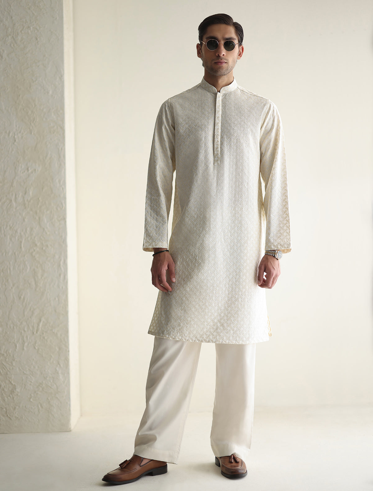 Pakistani Menswear | Ismail Farid - OFF-WHITE EMBROIDERED KURTA - Official Sakeena London Ltd. stockist in UK - Sakeena London