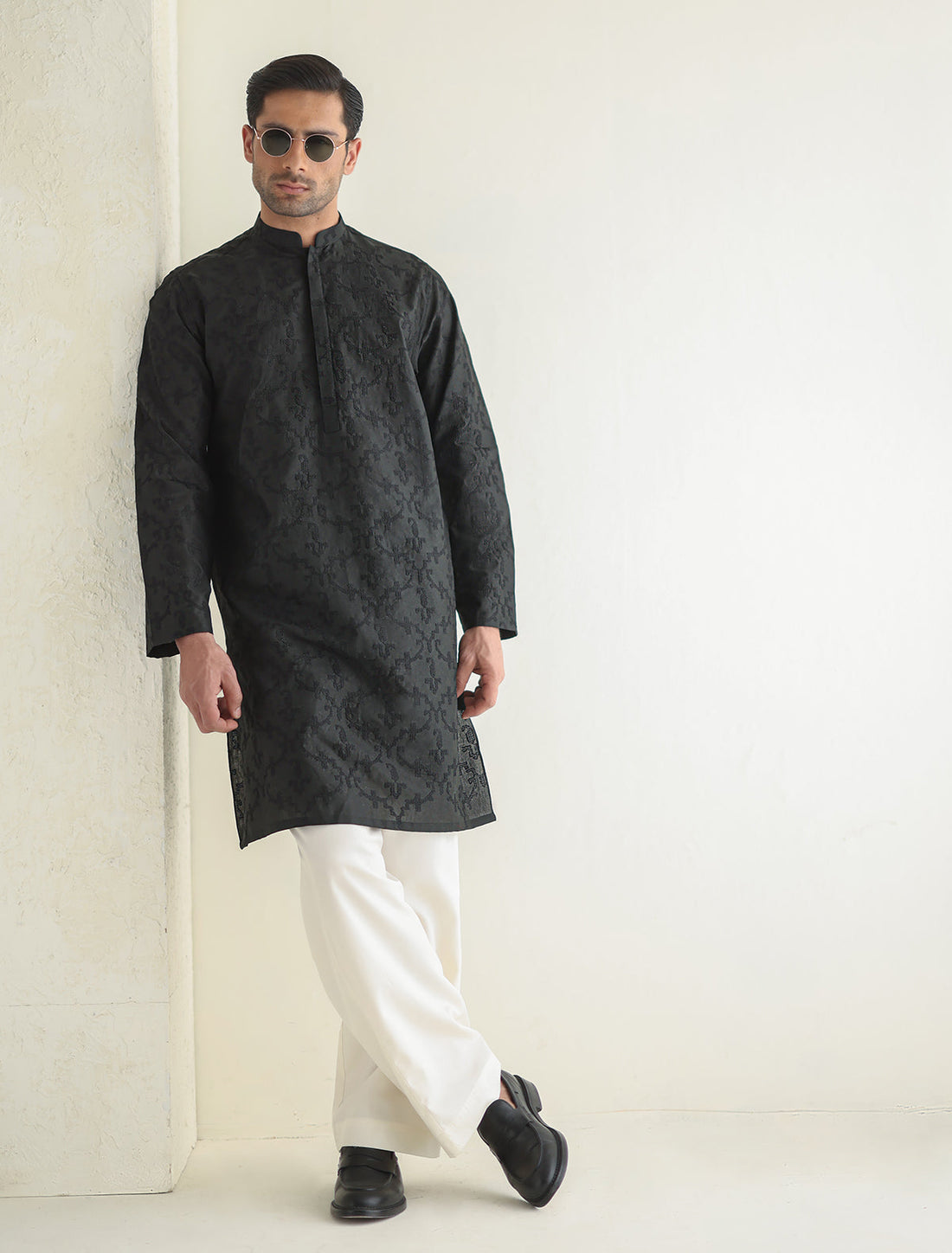 Pakistani Menswear | Ismail Farid - BLACK EMBROIDERED KURTA - Official Sakeena London Ltd. stockist in UK - Sakeena London