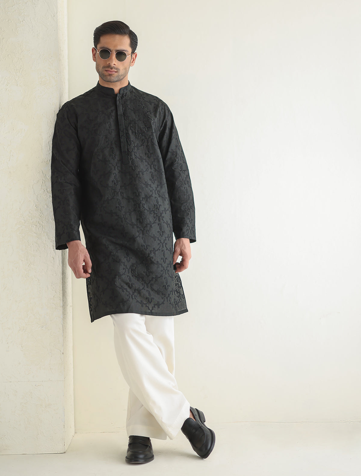 Pakistani Menswear | Ismail Farid - BLACK EMBROIDERED KURTA - Official Sakeena London Ltd. stockist in UK - Sakeena London