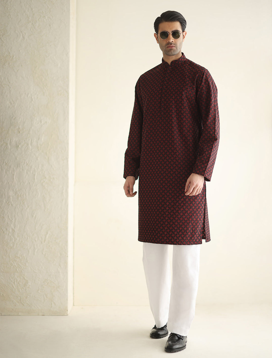 Pakistani Menswear | Ismail Farid - MAROON MESH EMBROIDERED KURTA - Official Sakeena London Ltd. stockist in UK - Sakeena London