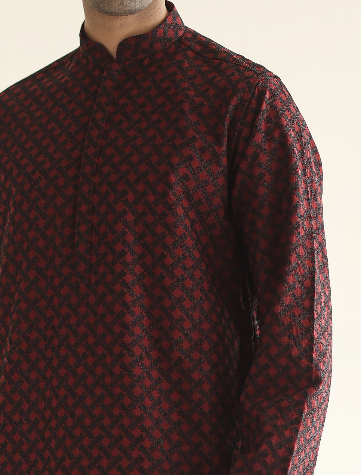 Pakistani Menswear | Ismail Farid - MAROON MESH EMBROIDERED KURTA - Official Sakeena London Ltd. stockist in UK - Sakeena London
