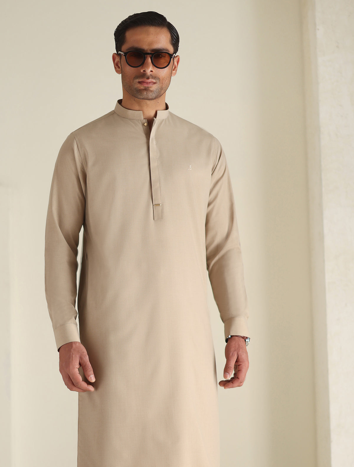 Pakistani Menswear | Ismail Farid - BEIGE LOGO-EMBROIDERED KAMEEZ SHALWAR - Official Sakeena London Ltd. stockist in UK - Sakeena London
