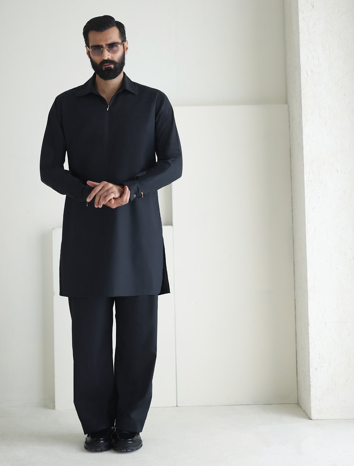 Pakistani Menswear | Ismail Farid - BLACK DESIGNER KURTA PAJAMA - Official Sakeena London Ltd. stockist in UK - Sakeena London
