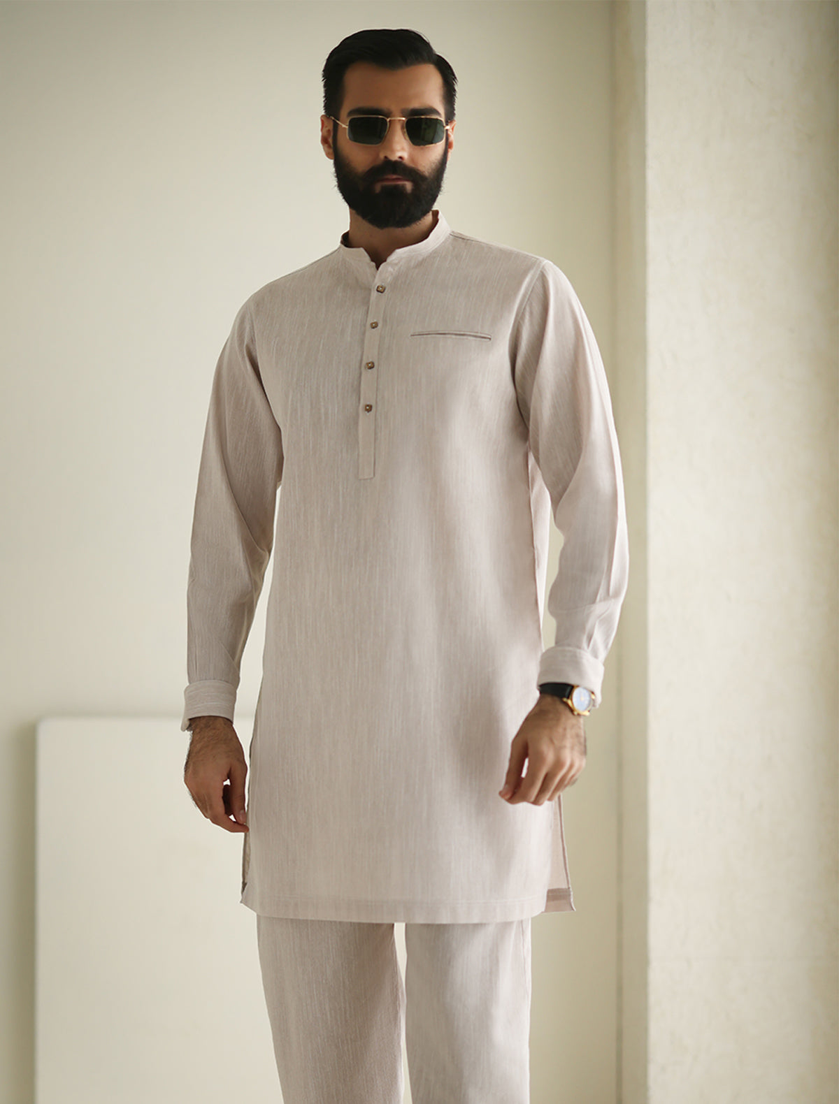 Pakistani Menswear | Ismail Farid - LIGHT BEIGE DESIGNER KURTA PAJAMA - Official Sakeena London Ltd. stockist in UK - Sakeena London
