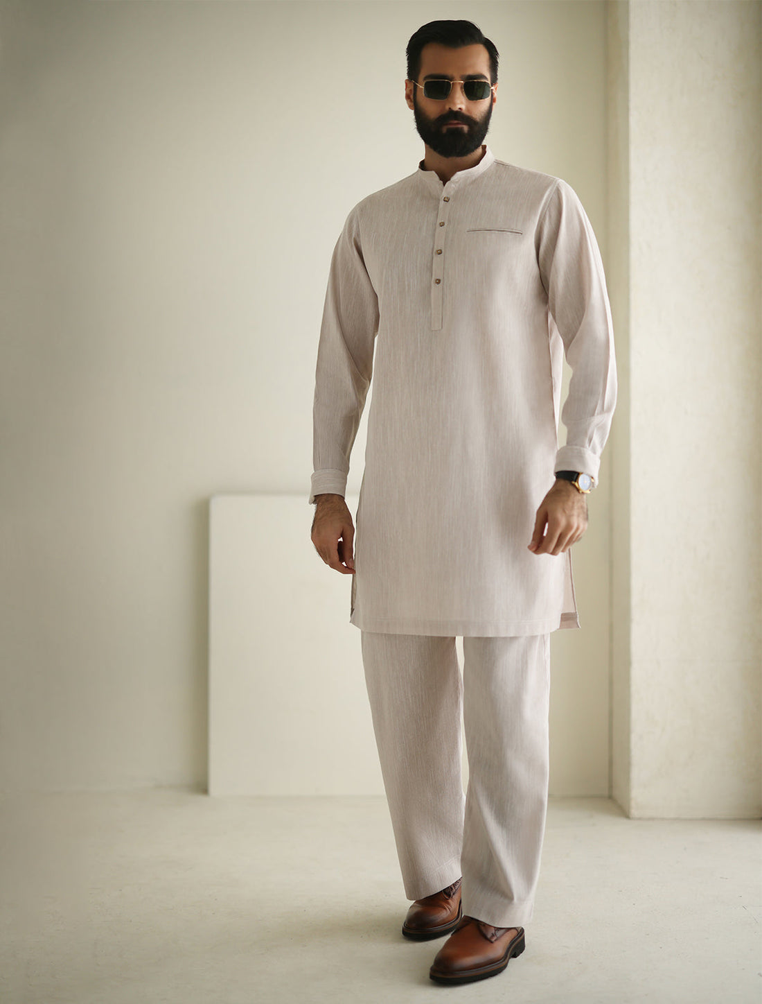 Pakistani Menswear | Ismail Farid - LIGHT BEIGE DESIGNER KURTA PAJAMA - Official Sakeena London Ltd. stockist in UK - Sakeena London