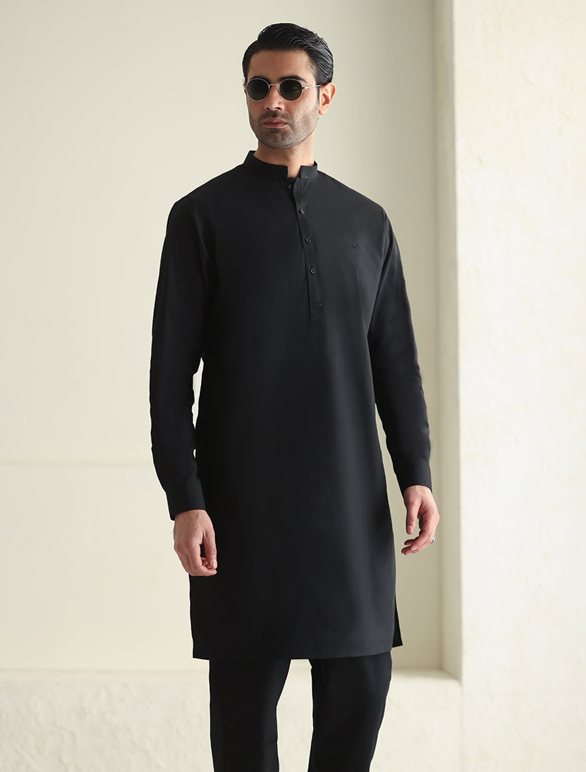 Pakistani Menswear | Ismail Farid - BLACK CLASSIC KURTA PAJAMA - Official Sakeena London Ltd. stockist in UK - Sakeena London