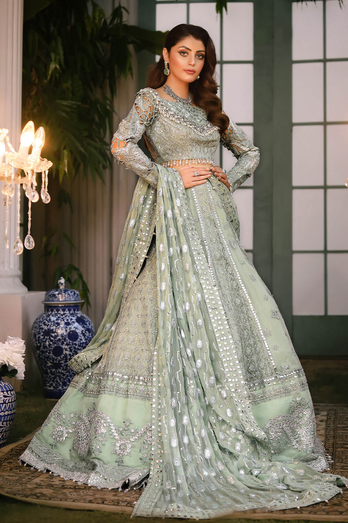 Raeesa Premium | Wajadan Wedding Formals | WD-2 Pea Green - Official Raeesa Premium stockist in UK - Sakeena London