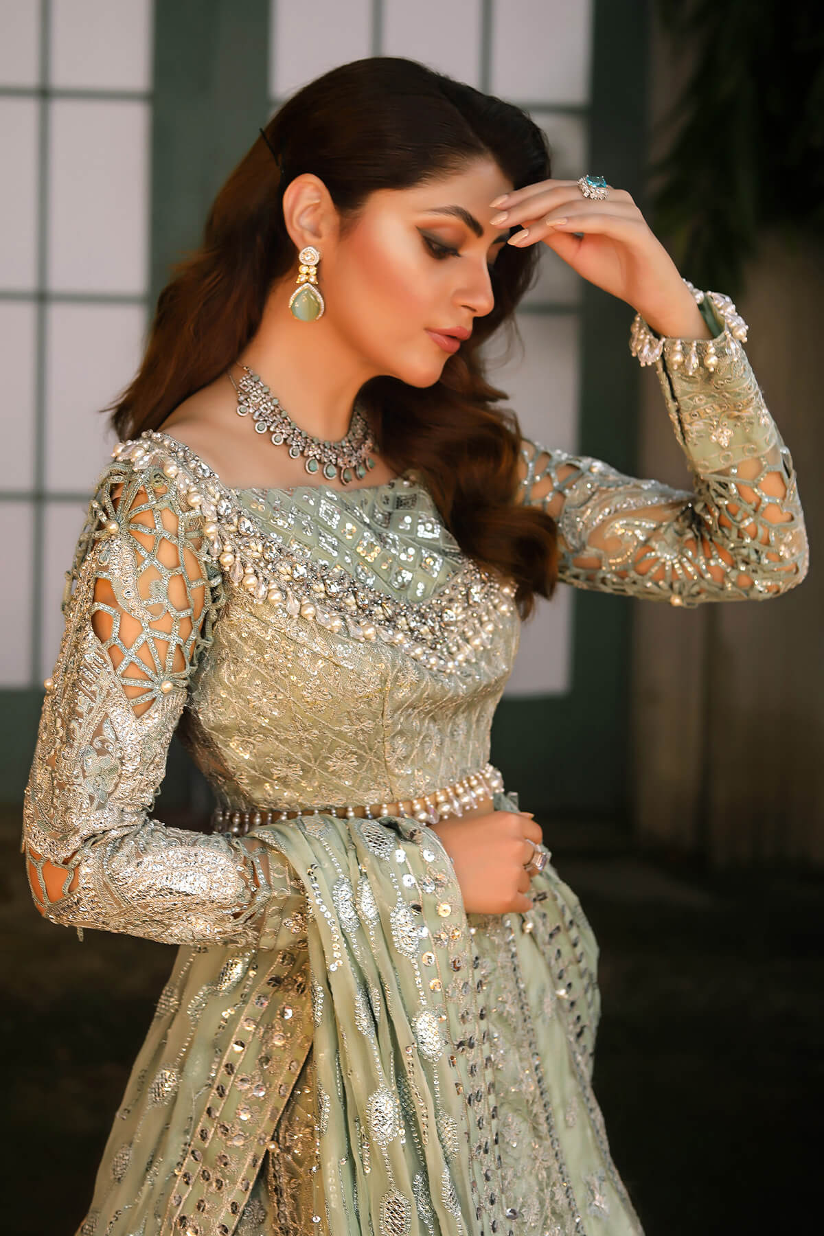 Raeesa Premium | Wajadan Wedding Formals | WD-2 Pea Green - Official Raeesa Premium stockist in UK - Sakeena London