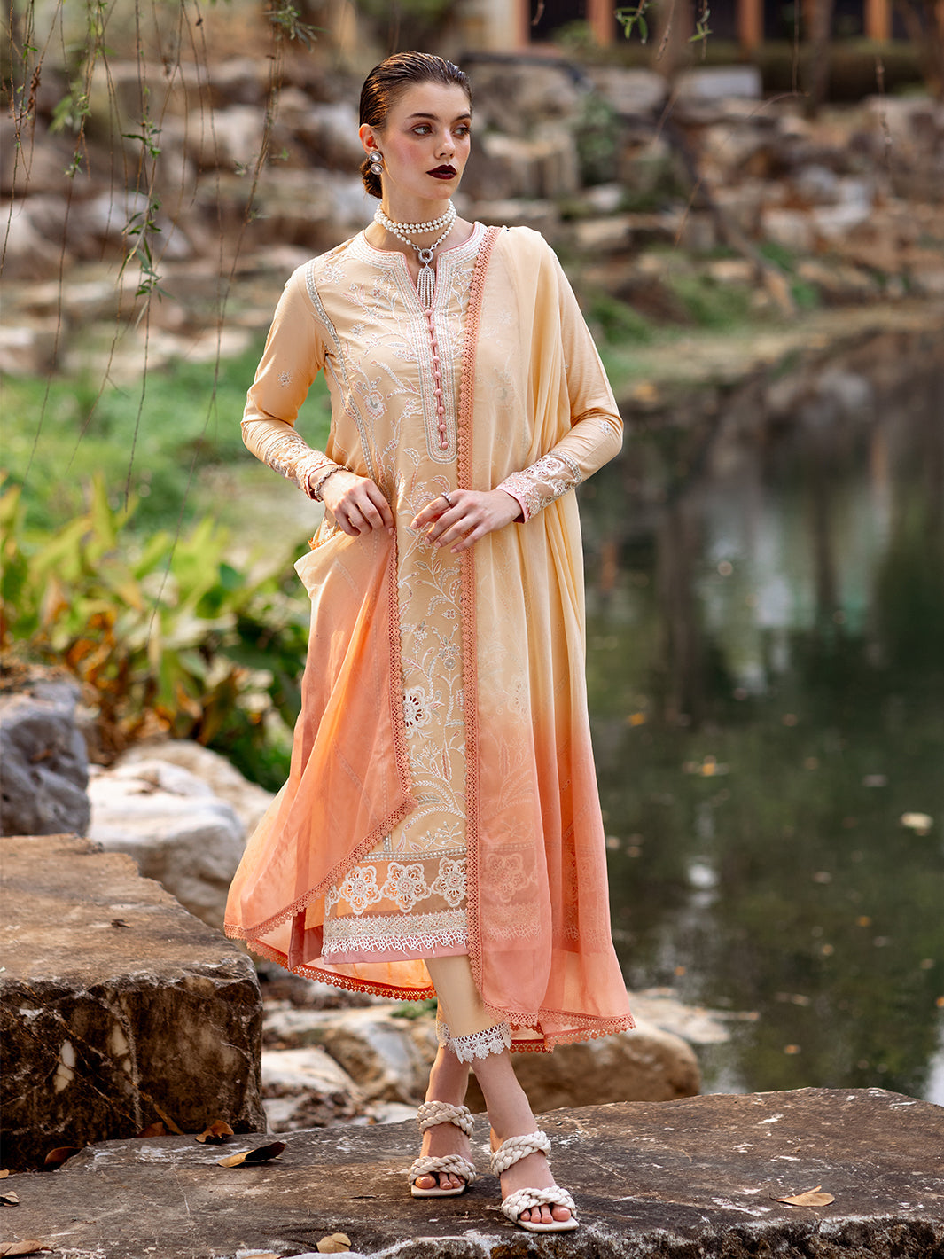 Roheenaz | Dahlia Embroidered Lawn 24 | Magnolia - Official Roheenaz stockist in UK - Sakeena London