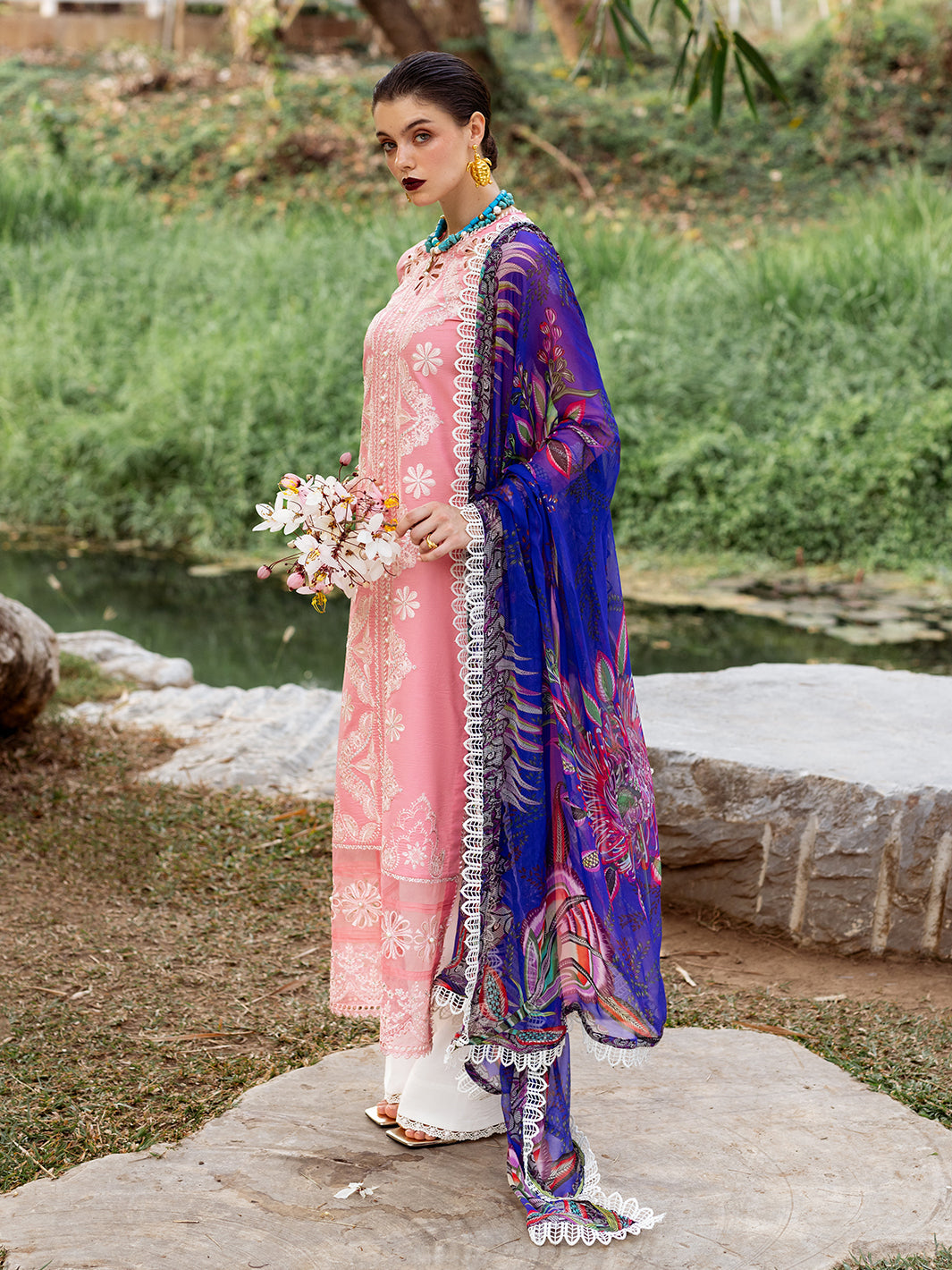 Roheenaz | Dahlia Embroidered Lawn 24 | Orchid - Official Roheenaz stockist in UK - Sakeena London