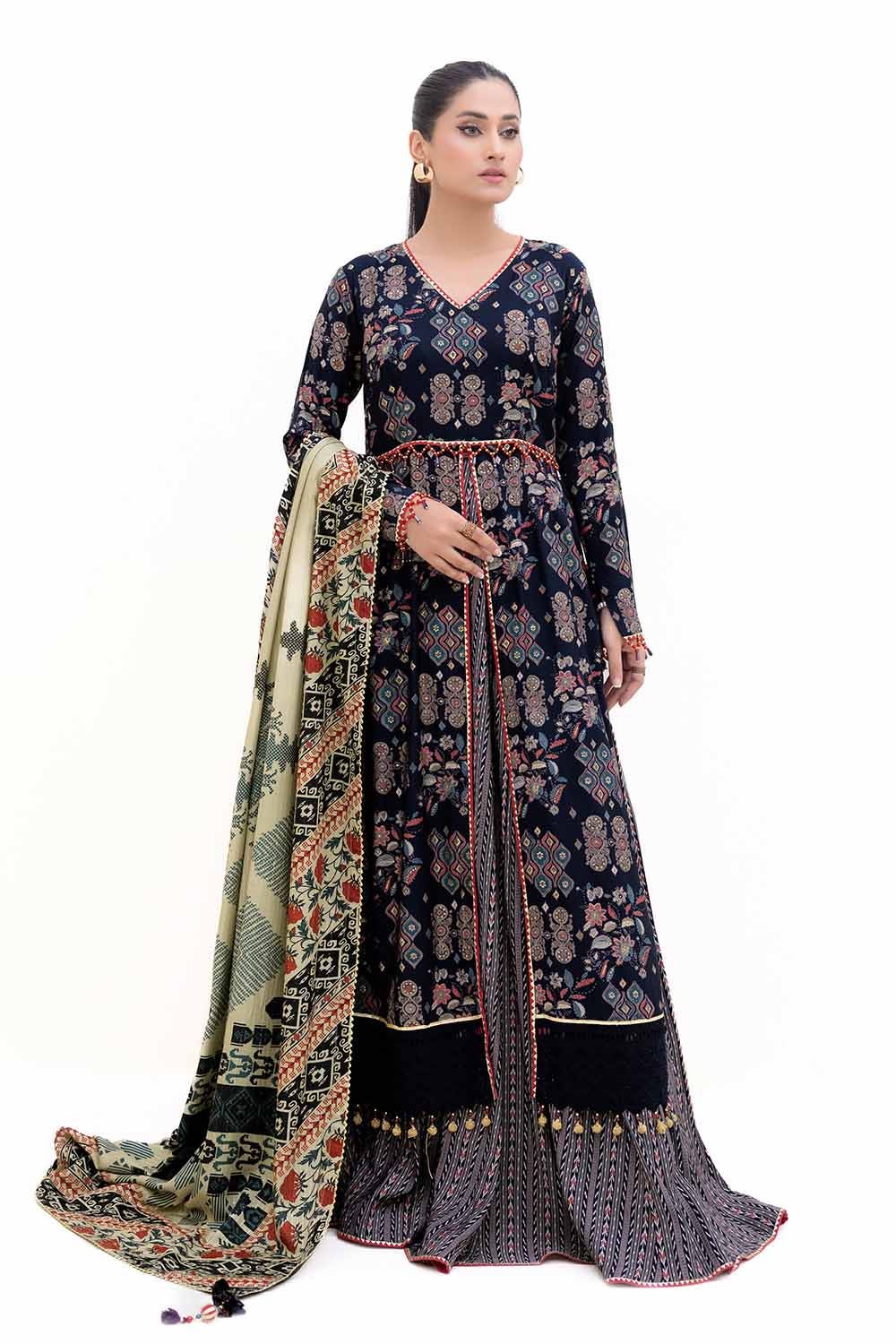 Gul Ahmed | Winter Collection 24 | Gold Printed Polyestor Suit with Printed Sequins Stripe Dupatta SP-42045 - Official Gul Ahmed stockist in UK - Sakeena London