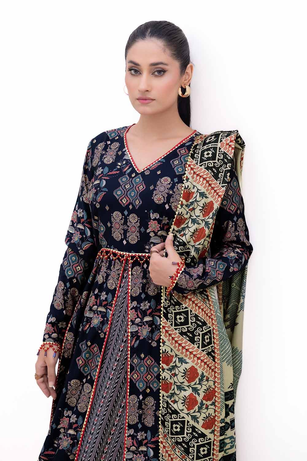 Gul Ahmed | Winter Collection 24 | Gold Printed Polyestor Suit with Printed Sequins Stripe Dupatta SP-42045 - Official Gul Ahmed stockist in UK - Sakeena London