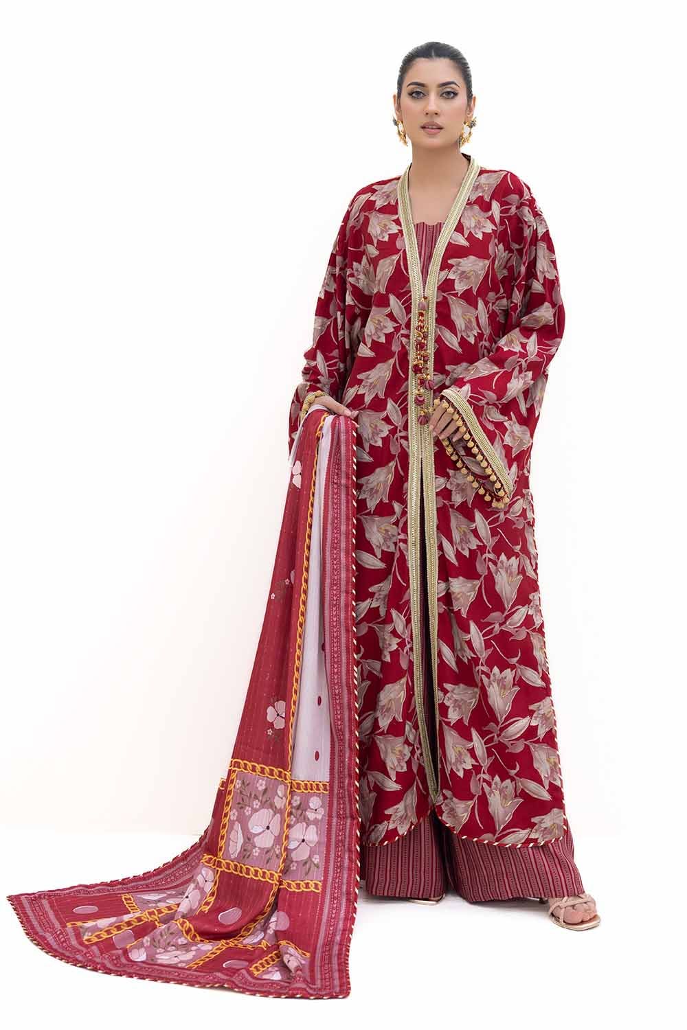 Gul Ahmed | Winter Collection 24 | Gold Printed Polyestor Suit with Printed Sequins Stripe Dupatta SP-42046 - Official Gul Ahmed stockist in UK - Sakeena London