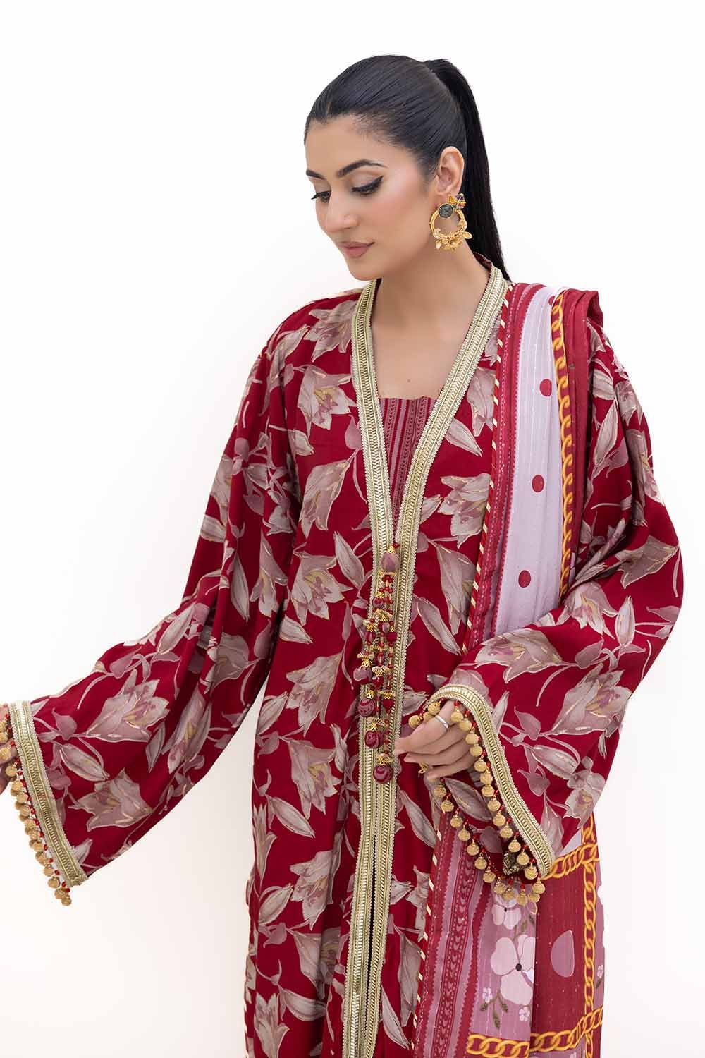 Gul Ahmed | Winter Collection 24 | Gold Printed Polyestor Suit with Printed Sequins Stripe Dupatta SP-42046 - Official Gul Ahmed stockist in UK - Sakeena London