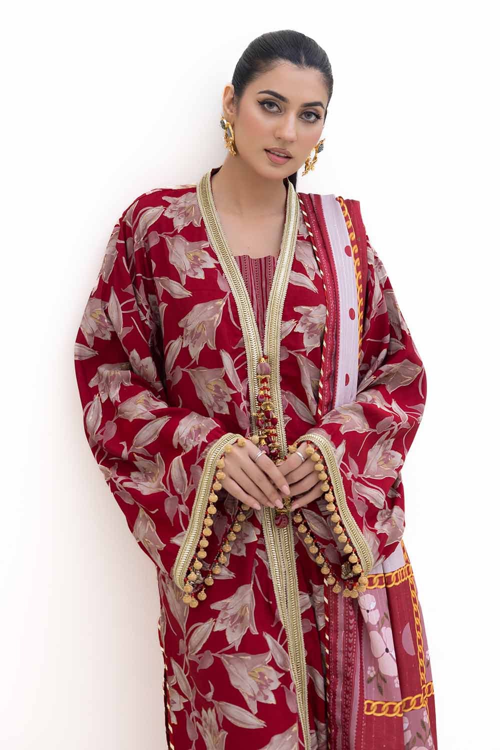 Gul Ahmed | Winter Collection 24 | Gold Printed Polyestor Suit with Printed Sequins Stripe Dupatta SP-42046 - Official Gul Ahmed stockist in UK - Sakeena London