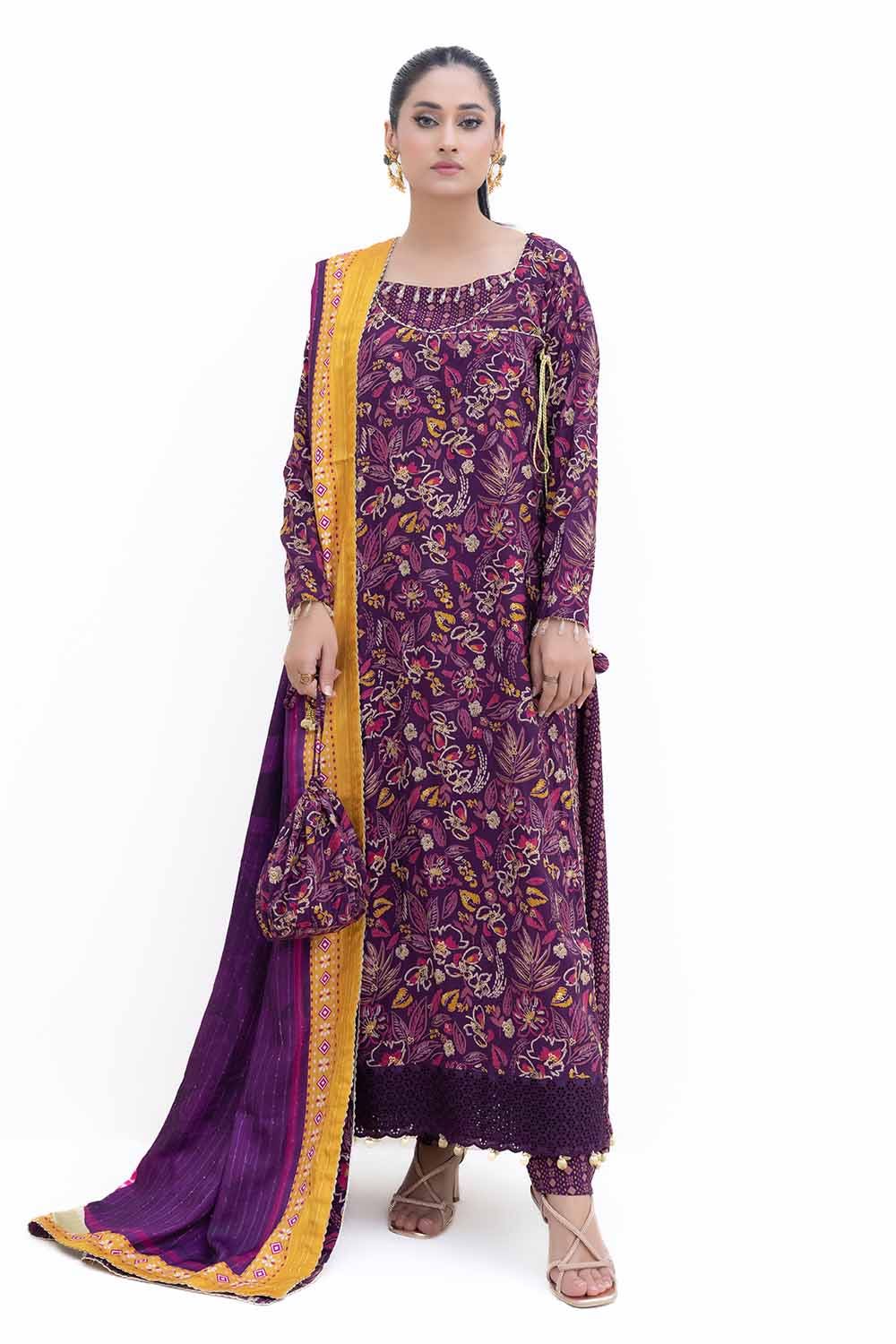 Gul Ahmed | Winter Collection 24 | Gold Printed Polyestor Suit with Printed Sequins Stripe Dupatta SP-42047 - Official Gul Ahmed stockist in UK - Sakeena London