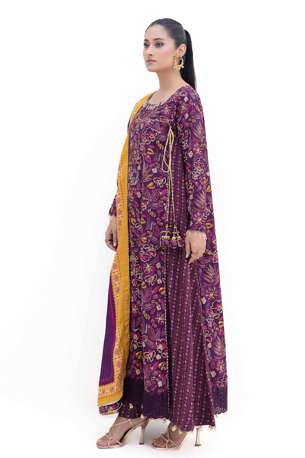 Gul Ahmed | Winter Collection 24 | Gold Printed Polyestor Suit with Printed Sequins Stripe Dupatta SP-42047 - Official Gul Ahmed stockist in UK - Sakeena London