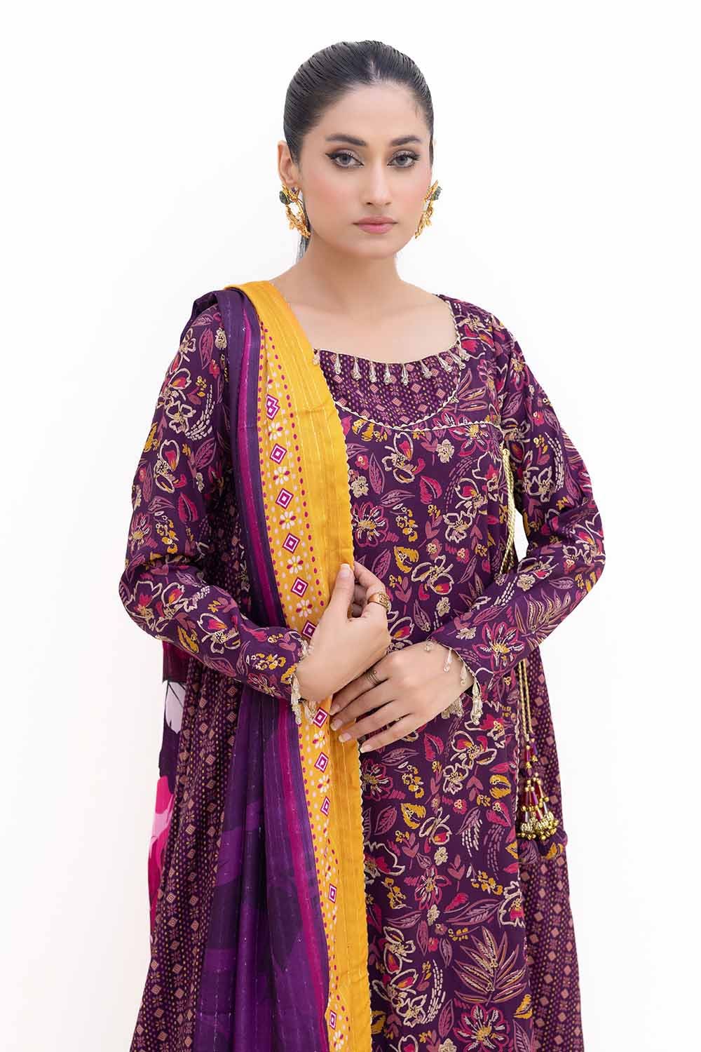 Gul Ahmed | Winter Collection 24 | Gold Printed Polyestor Suit with Printed Sequins Stripe Dupatta SP-42047 - Official Gul Ahmed stockist in UK - Sakeena London