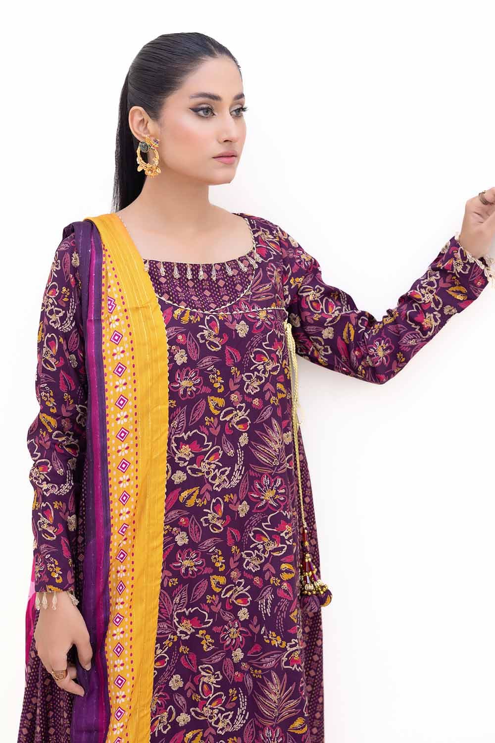 Gul Ahmed | Winter Collection 24 | Gold Printed Polyestor Suit with Printed Sequins Stripe Dupatta SP-42047 - Official Gul Ahmed stockist in UK - Sakeena London