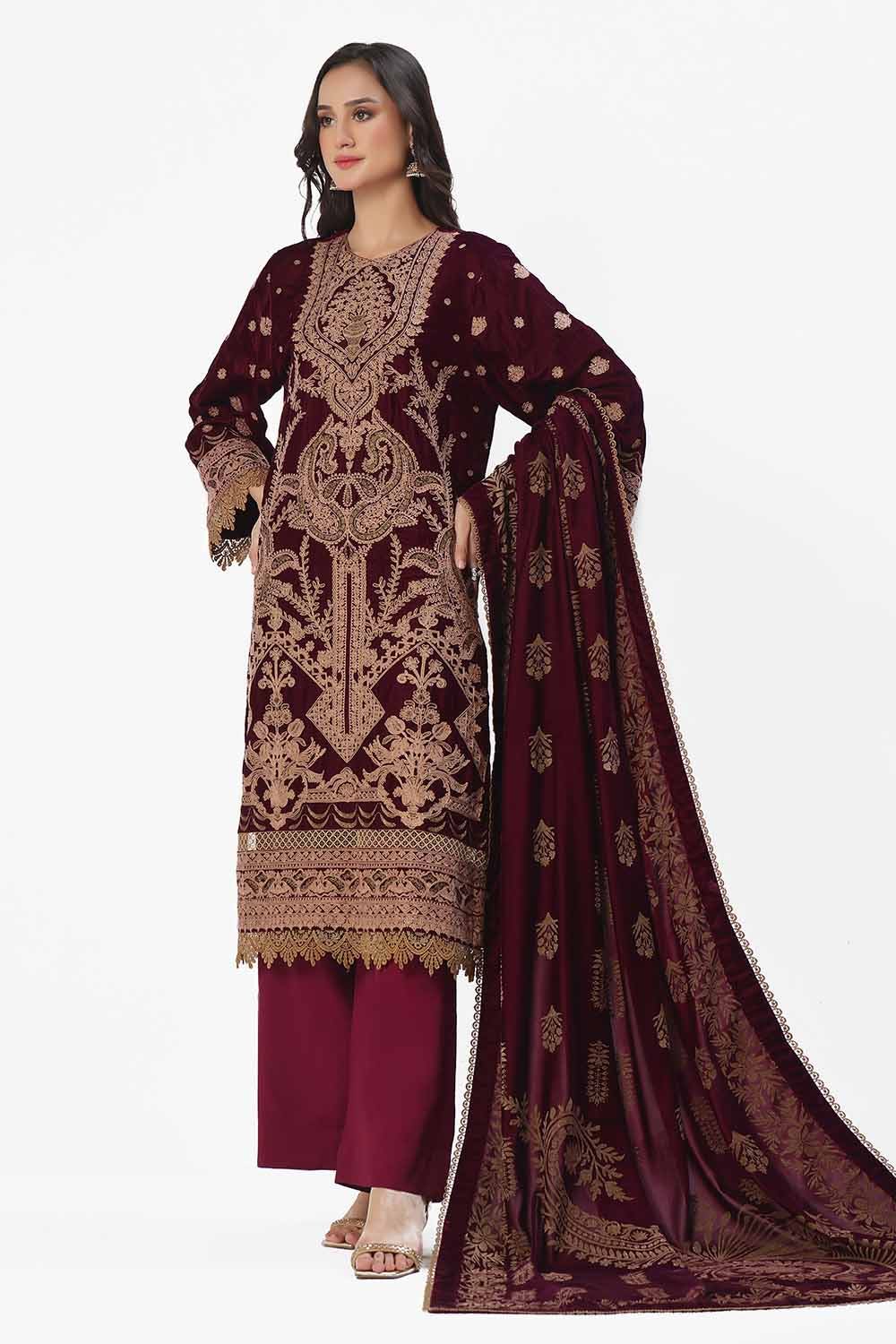 Gul Ahmed | Winter Collection 24 | Velvet Dupatta WV-42003 - Official Gul Ahmed stockist in UK - Sakeena London