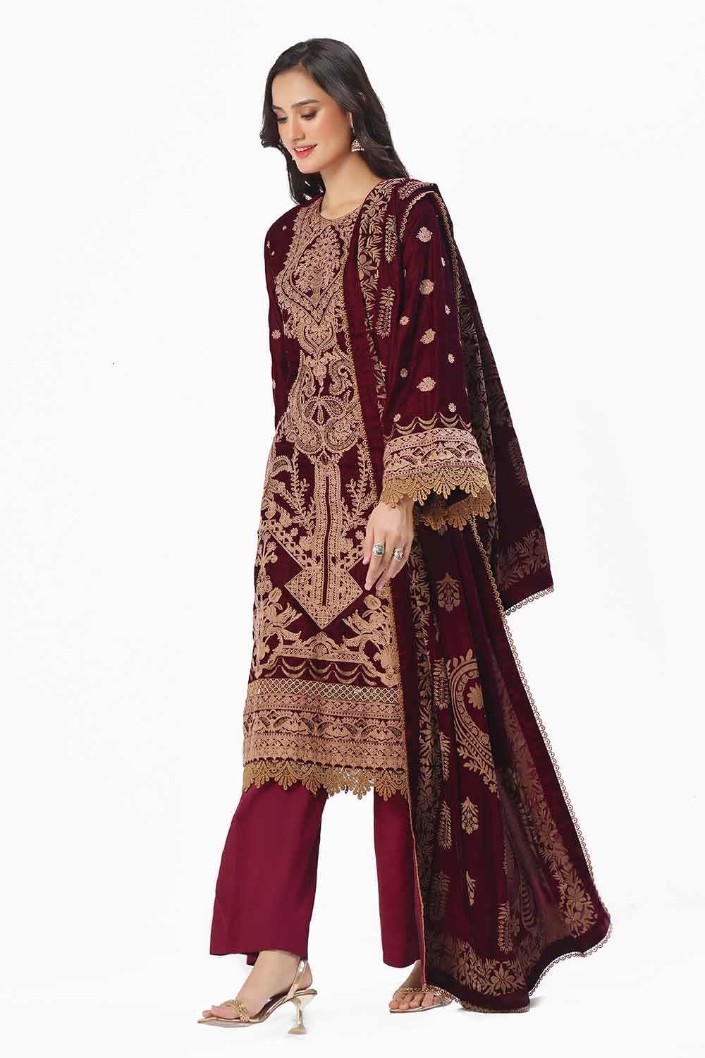 Gul Ahmed | Winter Collection 24 | Velvet Dupatta WV-42003 - Official Gul Ahmed stockist in UK - Sakeena London