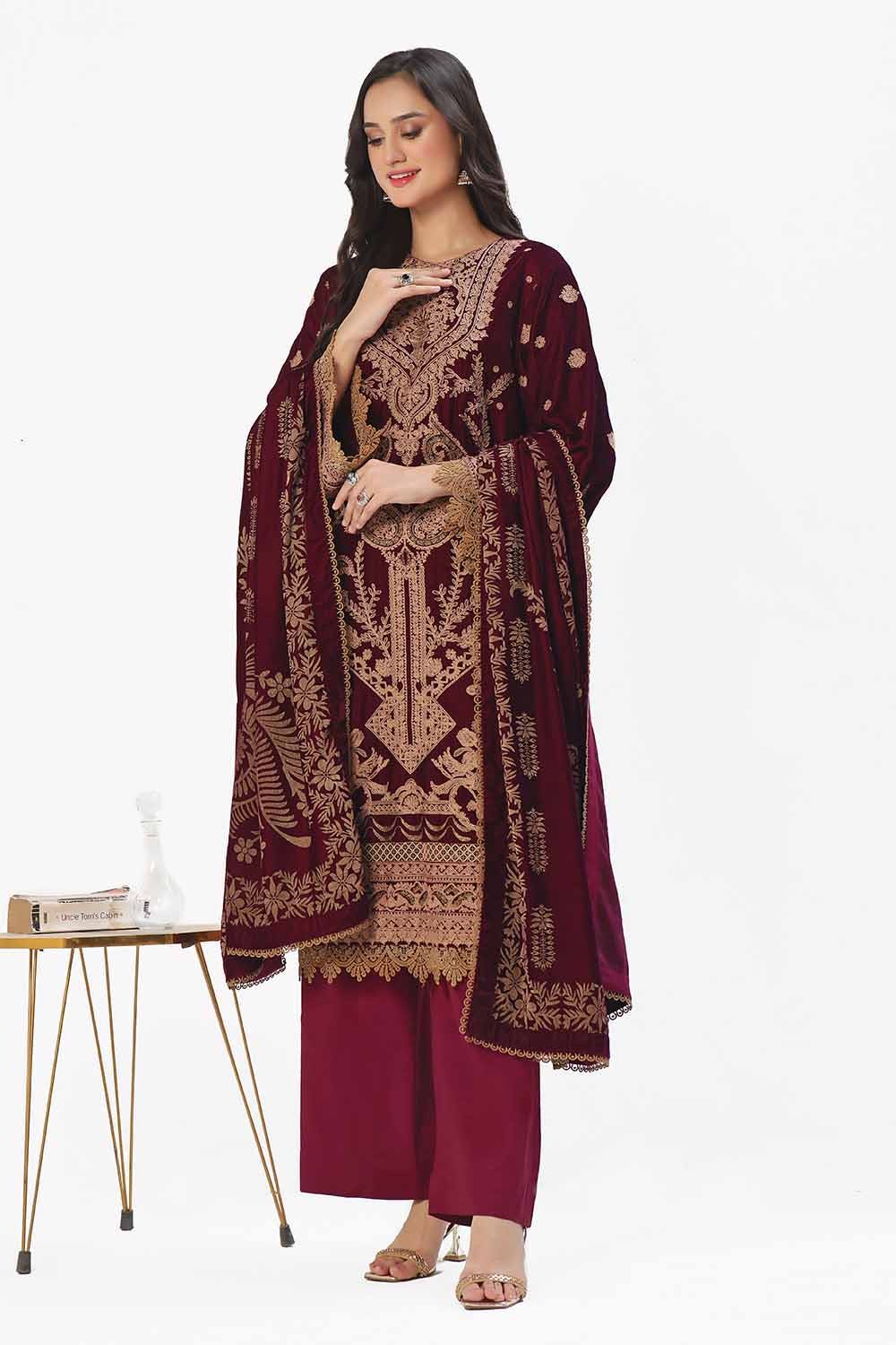 Gul Ahmed | Winter Collection 24 | Velvet Dupatta WV-42003 - Official Gul Ahmed stockist in UK - Sakeena London