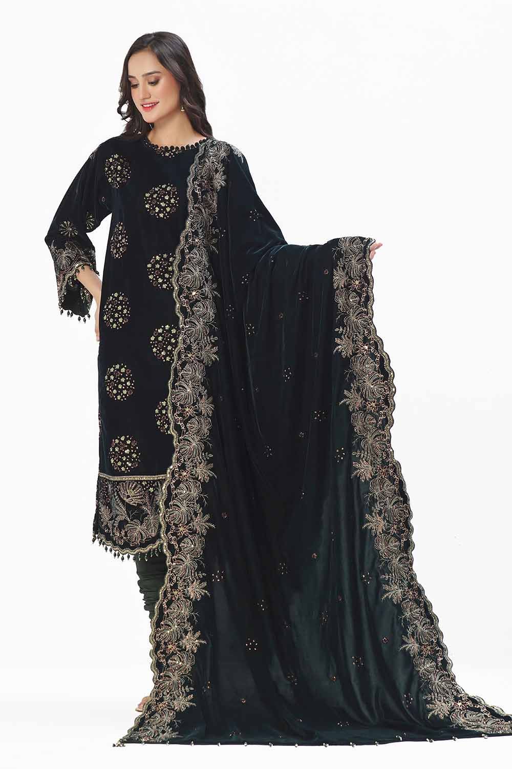 Gul Ahmed | Winter Collection 24 | Velvet Dupatta WV-42005 - Official Gul Ahmed stockist in UK - Sakeena London
