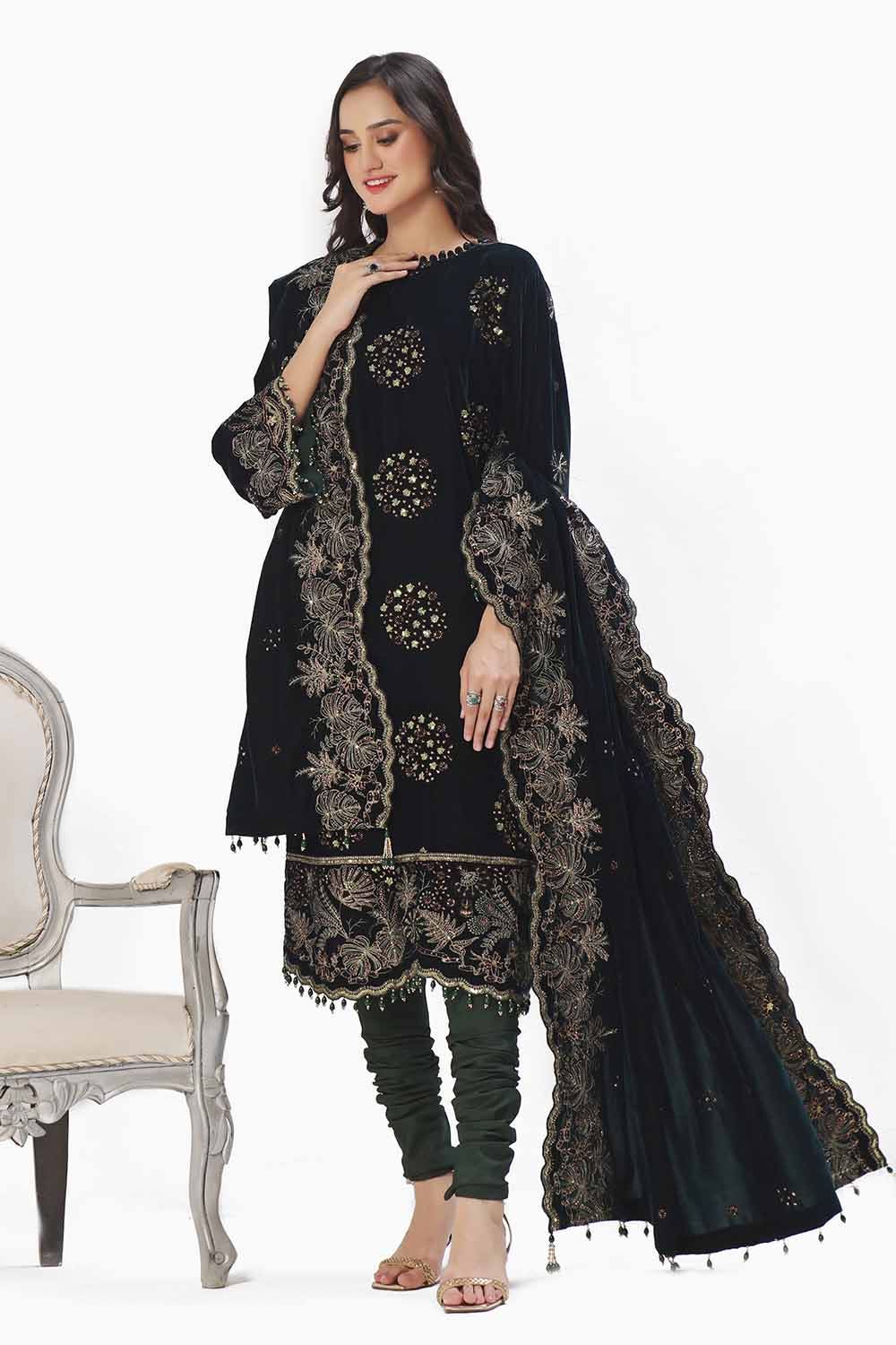 Gul Ahmed | Winter Collection 24 | Velvet Dupatta WV-42005 - Official Gul Ahmed stockist in UK - Sakeena London